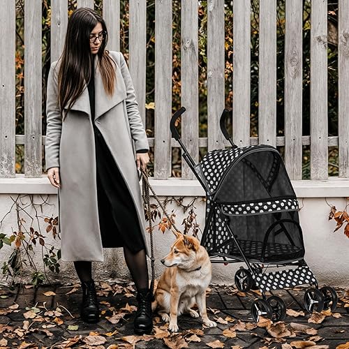 Miniatura 8 de MoNiBloom Cochecito para mascotas de 4 ruedas, fácil de plegar con forma de paraguas para perros y gatos, con bolsa de almacenamiento y malla