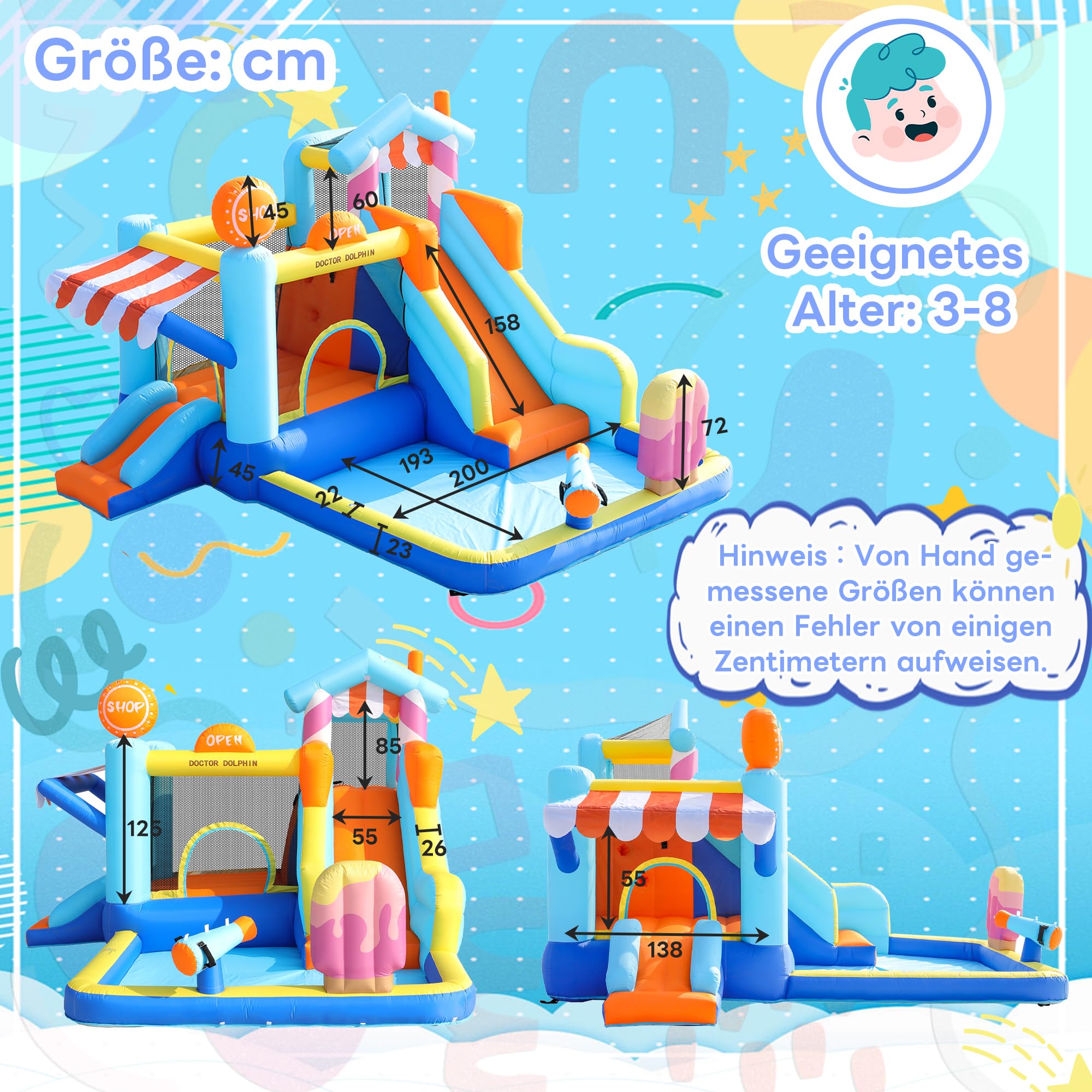 Castello gonfiabile per bambini con ventilatore, parco acquatico multifunzionale all'aperto con trampolino, scivolo d'acqua, piccolo scivolo, fontana, pistole ad acqua, con ventilatore da 450 W, blu