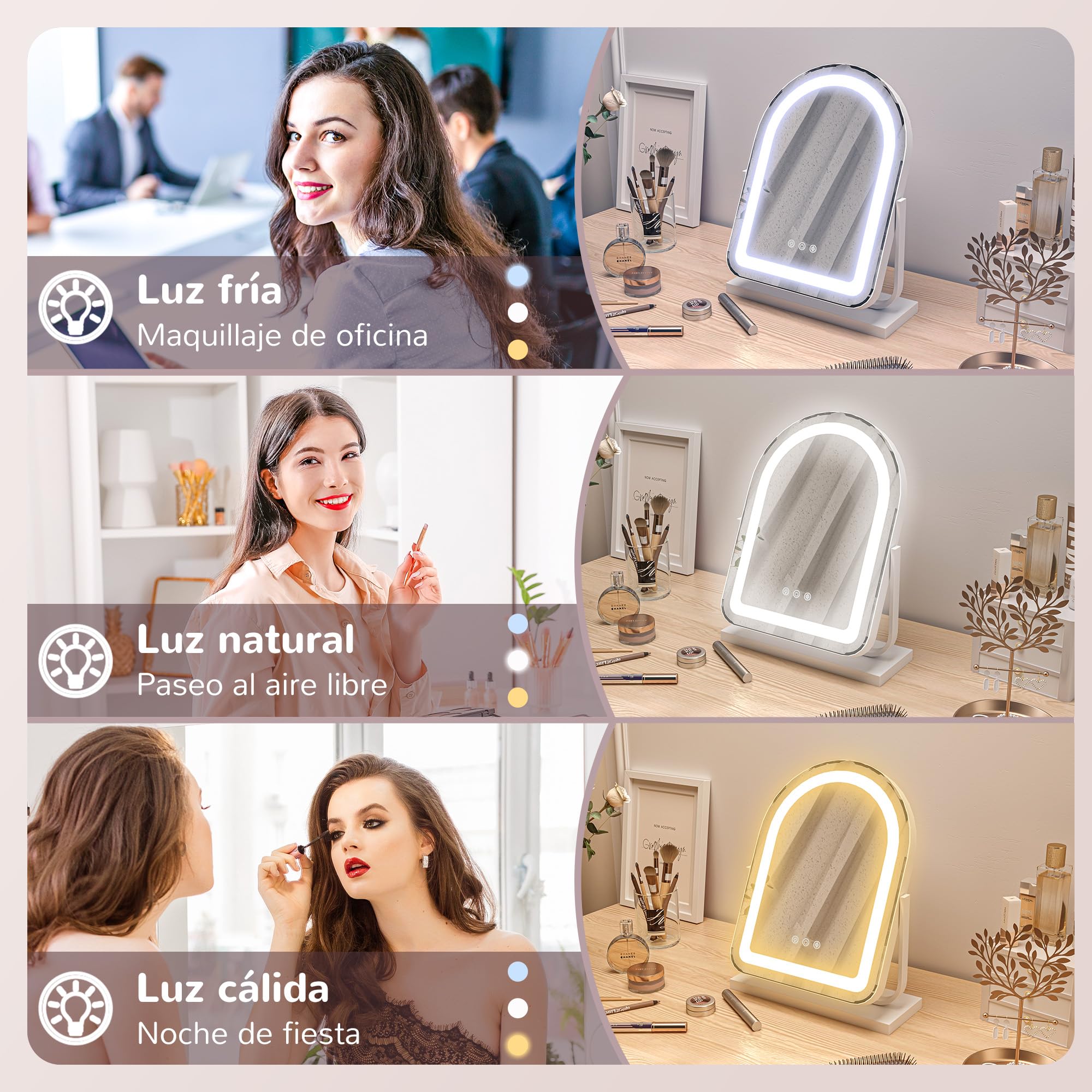 HOMCOM Espejo Maquillaje con Luz LED Espejo Tocador Giratorio con 3 Modos de Iluminación Ajustables Interruptor Táctil Rotación Regulable de 360° y Función de Memoria Blanco