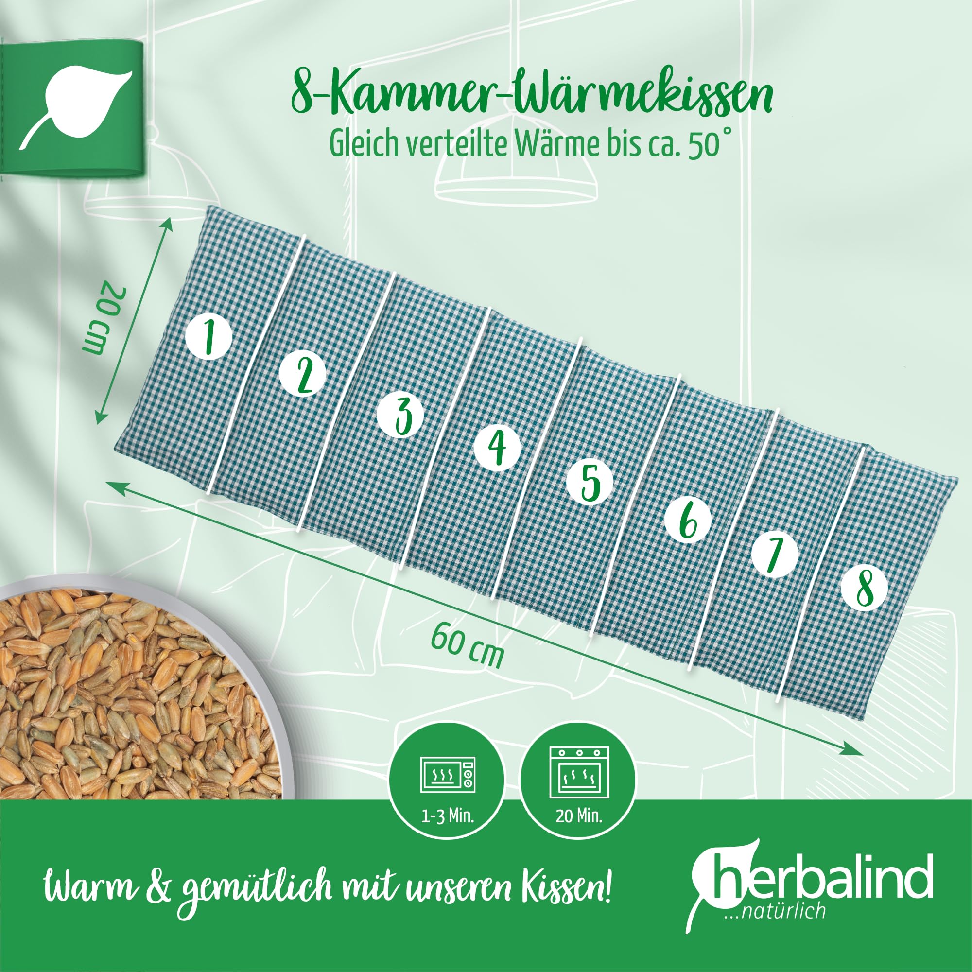 HERBALIND 8-Kammer Wärmekissen Körnerkissen Schulter Nacken 60x20 cm in Karo/petrol - 100% Baumwolle - Getreidekissen mit Bio Roggen- und Weizen Füllung für Mikrowelle - Geschenk für Männer