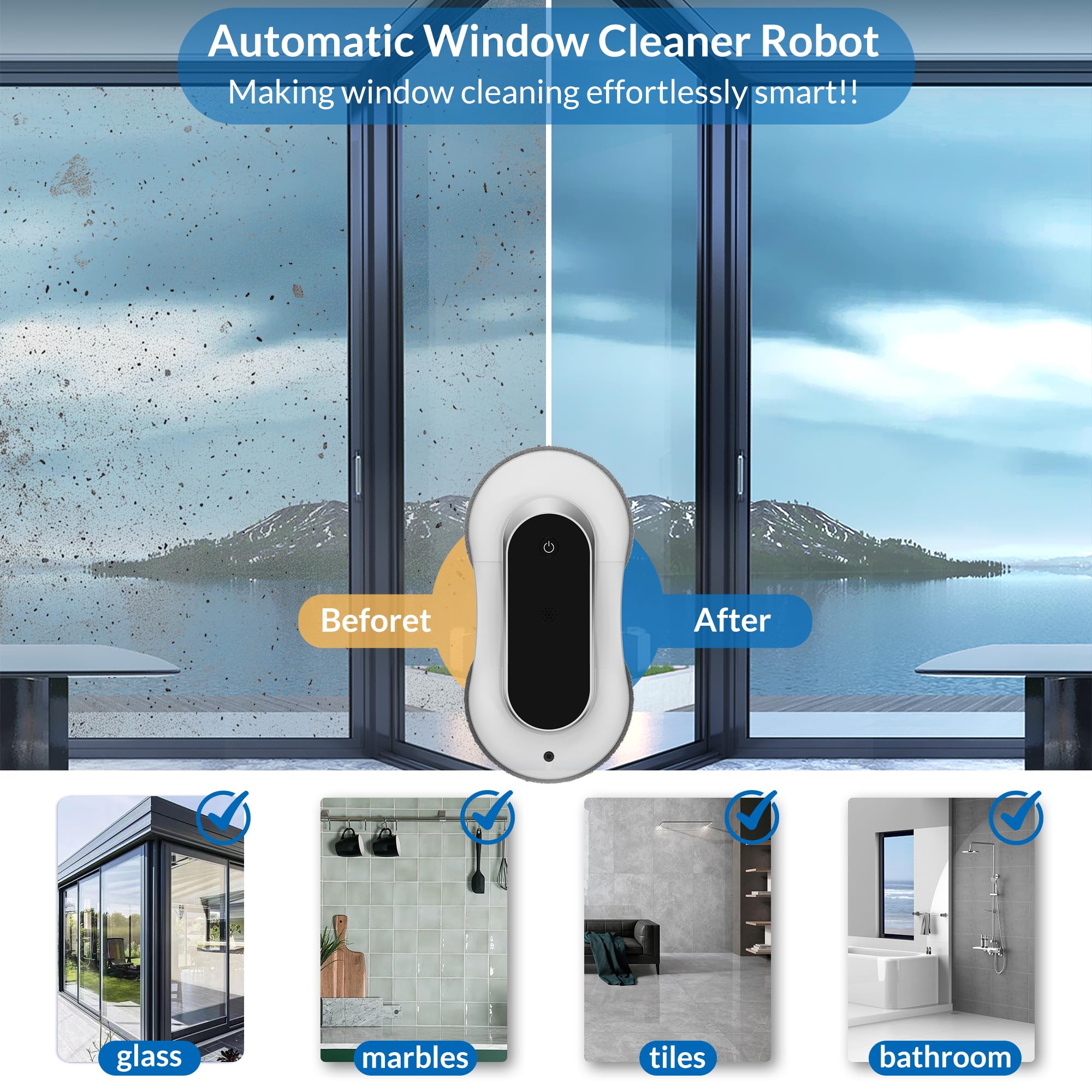 Robot limpiador automático de ventanas con doble spray de agua, lavadora inteligente de limpieza de ventanas con succión de 3000 pa y planificación de trayectoria de IA, robot de limpieza de
