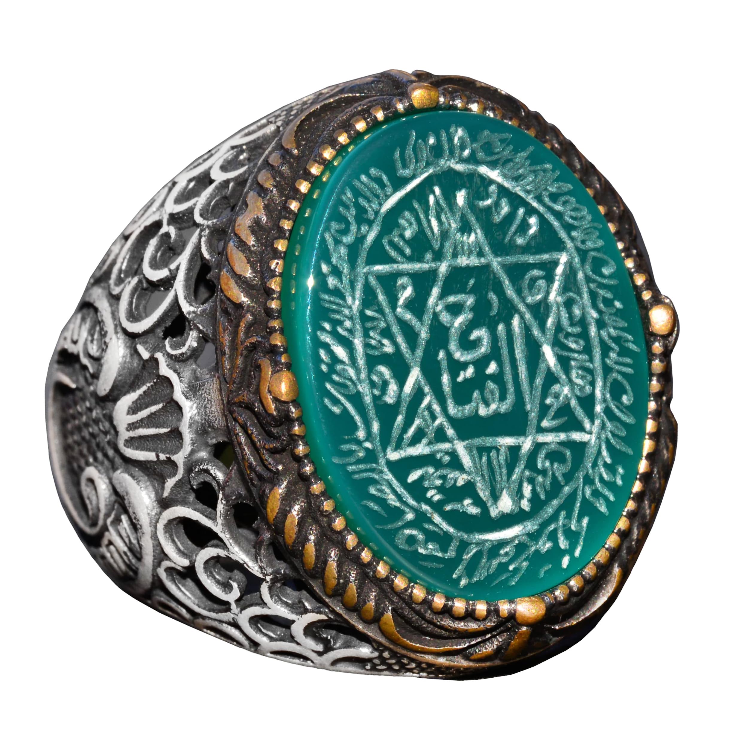 KAMBO - Anillo de sello de Salomón hecho a mano, piedra preciosa de ónix negro, anillo islámico para hombre, de plata de ley 925, Plata, ónix verde