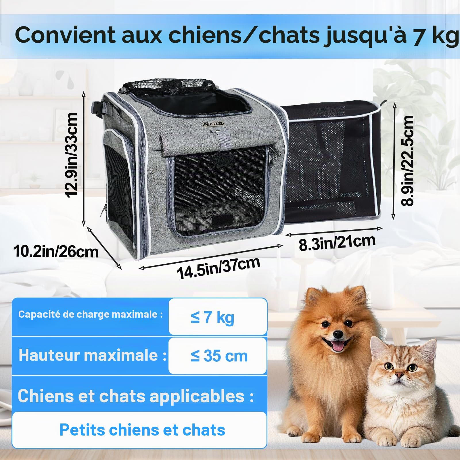 Panier de vélo avant pour chien 4 en 1 - Extensible - Panier de vélo pour chien jusqu'à 7 kg - Avec coussin, sac à dos de transport pour animaux de compagnie avec 4 portes ouvertes et 4 fenêtres en