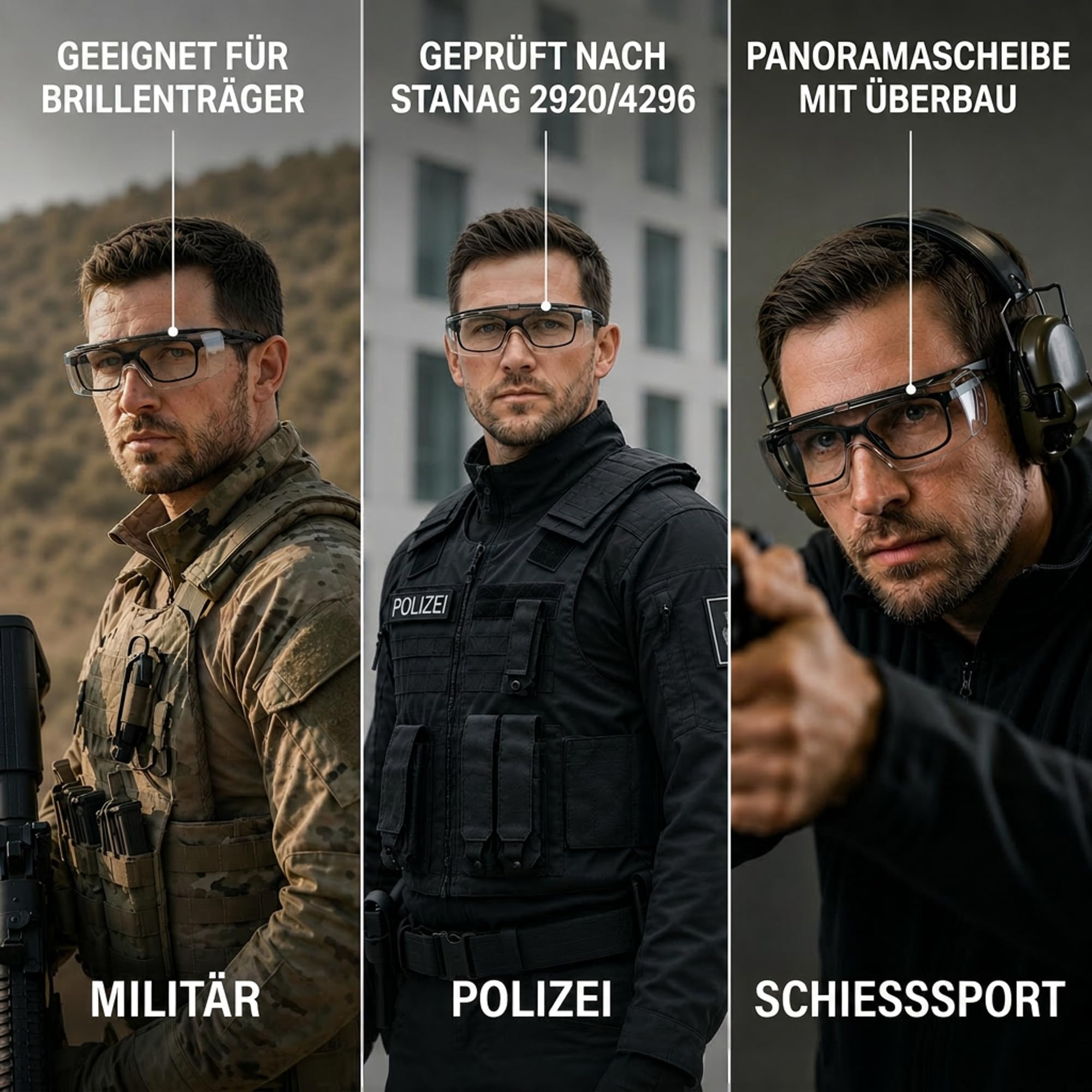 Uvex Super f STANAG 2920/4296 Lunettes de protection OTG pour porteurs de lunettes, anti-buée et anti-rayures, champ de vision clair pour les tirs et l'entraînement, avec étui et accessoires