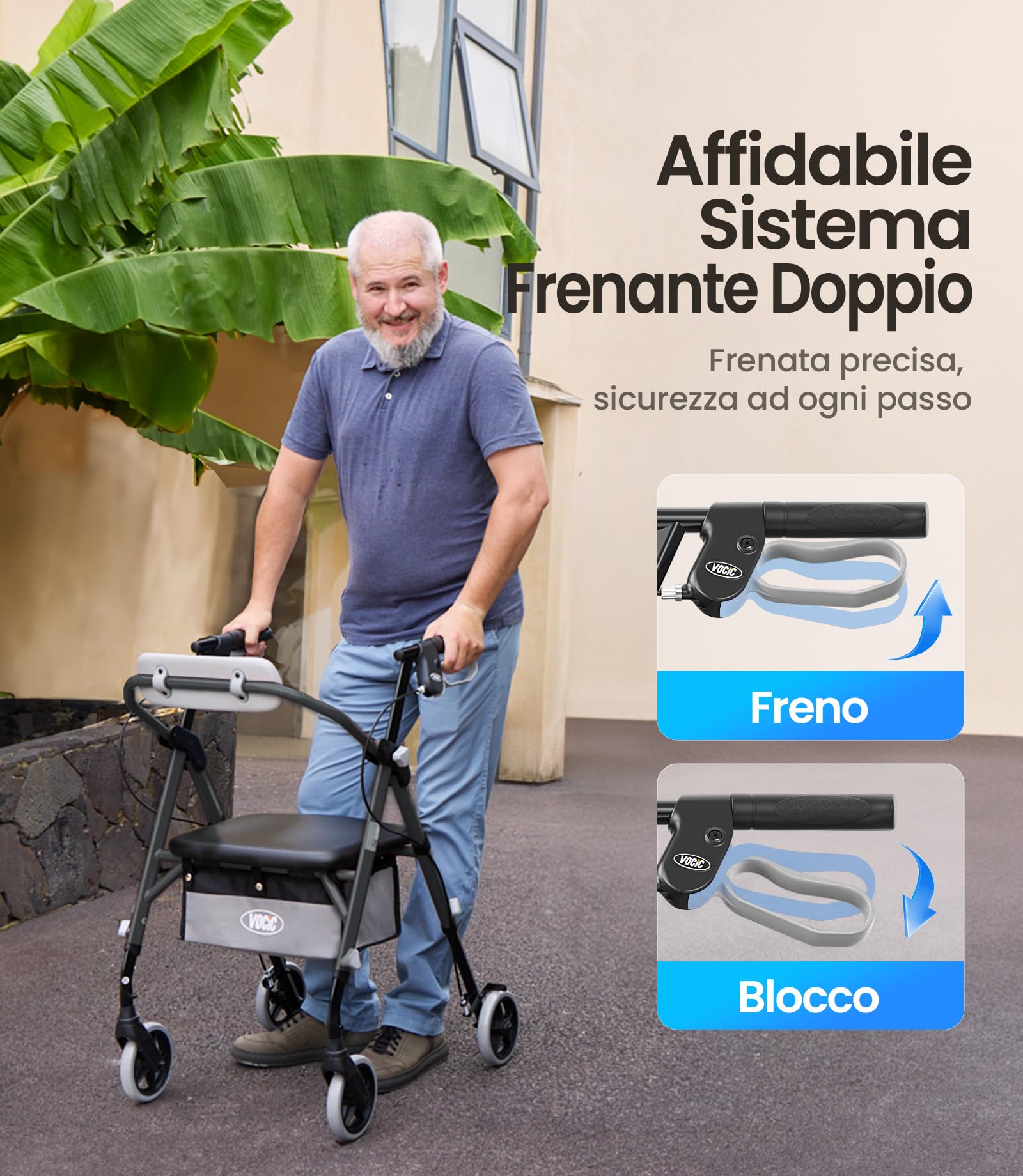 VOCIC Deambulatore pieghevole e leggero con seduta, 6,3 kg ultraleggero | Deambulatore per anziani, max 150 kg, sedile ergonomico, altezza regolabile, walker stretto per casa & viaggi, nero