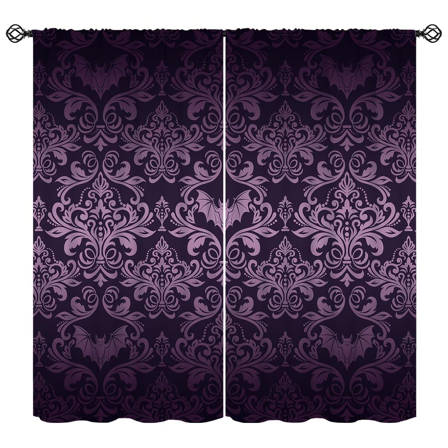 moderw Vintage Damask Gothic Curtains Antique Floral Victorian Goth Window Treatments for Bedroom Bat Bats Skull Bone Bohemian Blackout Window Drapes for Living Room W55xL63in