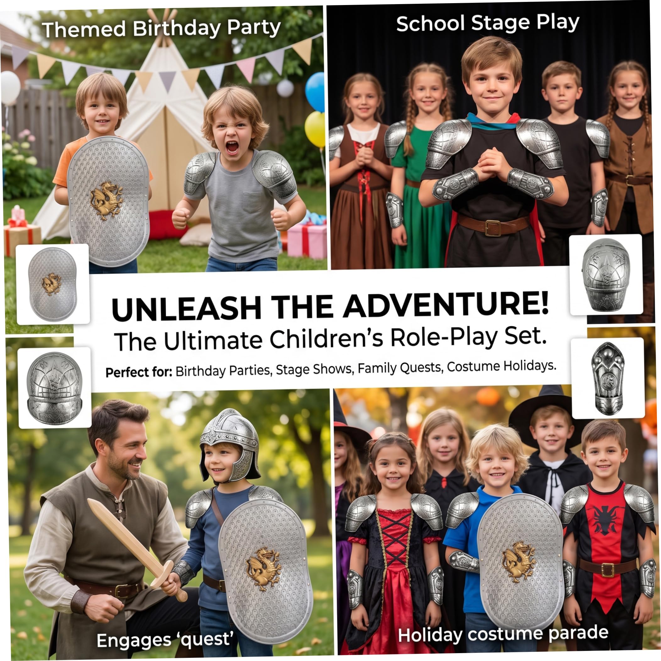 Set armatura medievale per bambini, costume da cavaliere con drago guerriero vichingo per bambini, con protezioni per spalle e polsi, argento, taglia bambino