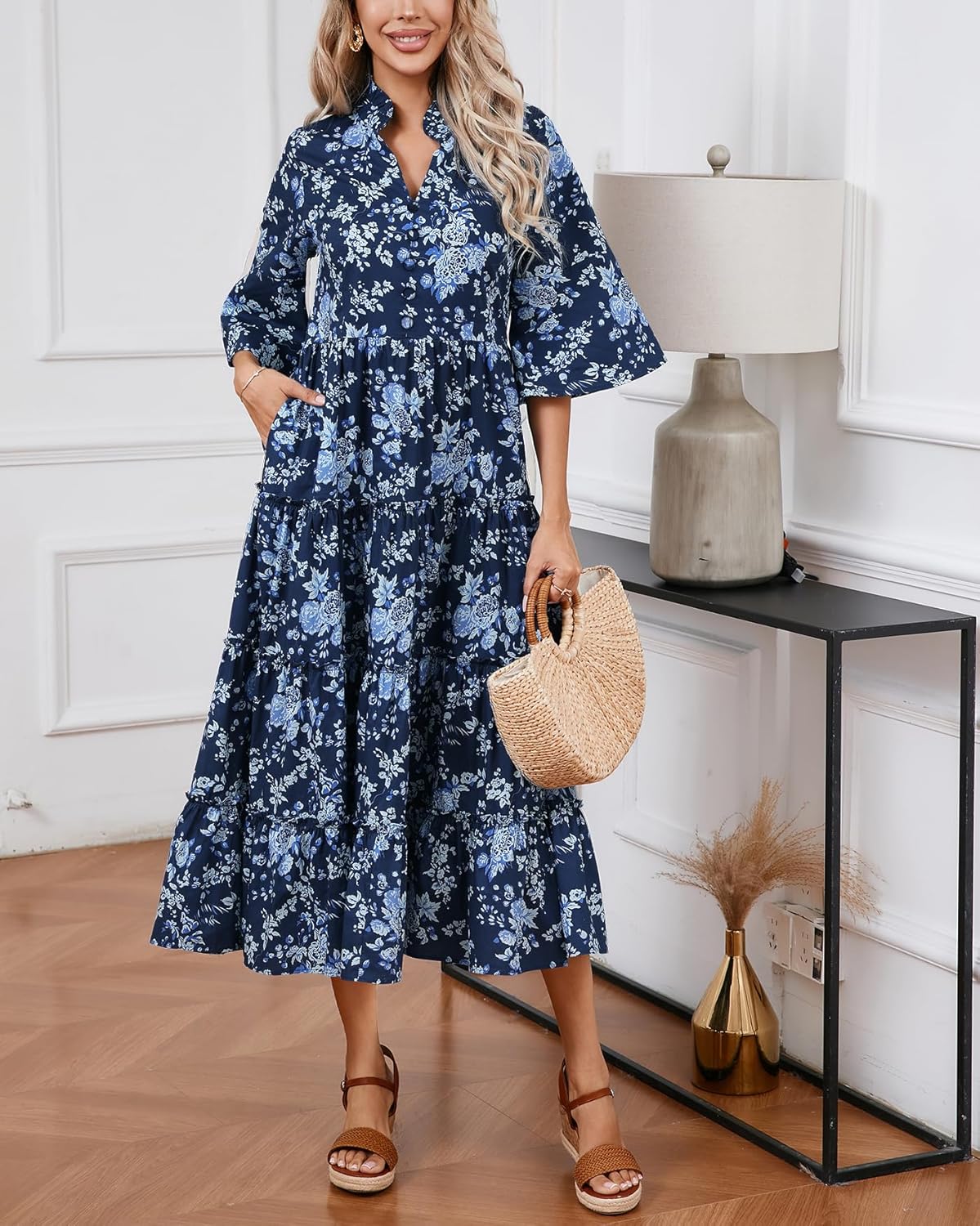 Women's Floral Ruffle Midi Dress V Neck Bell Sleeve Flowy Tiered Long Dress - Image 2