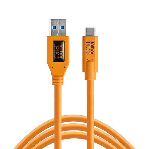 Tether Tools TetherPro - Cable USB 3.0 a USB-C  para transferencia rápida y conexión entre cámara y computadora  Naranja de alta visibilidad  15