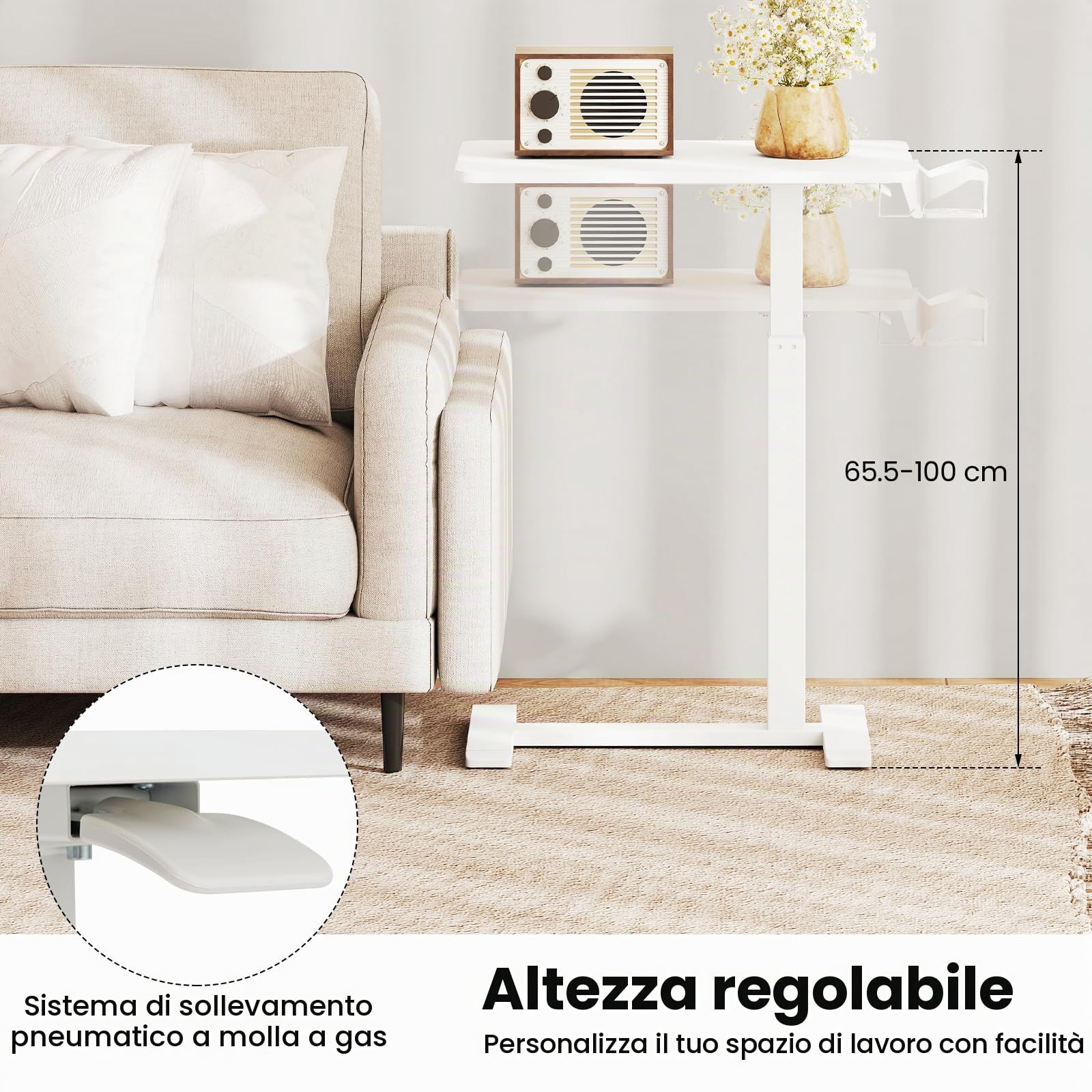 LIFEZEAL Tavolino da Divano a Forma di C, Altezza Regolabile, Tavolino Laterale per Letto, con Ruote Nascoste, Portabicchiere, Ganci Cuffie, Porta Laptop, PC, Serviletto, Soggiorno, Salotto (bianco)