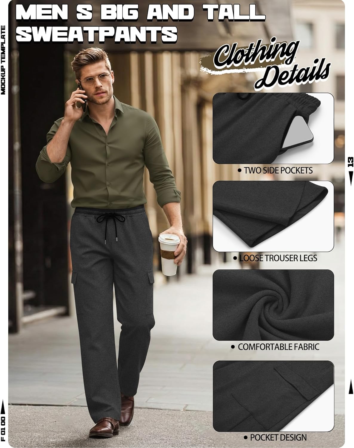 Neer 3 Pack Men's Big and Tall Cargo Sweatpants Baggy Wide Leg Open Bottom Pants Straight Leg Drawstring Joggers with Pockets - Image 5