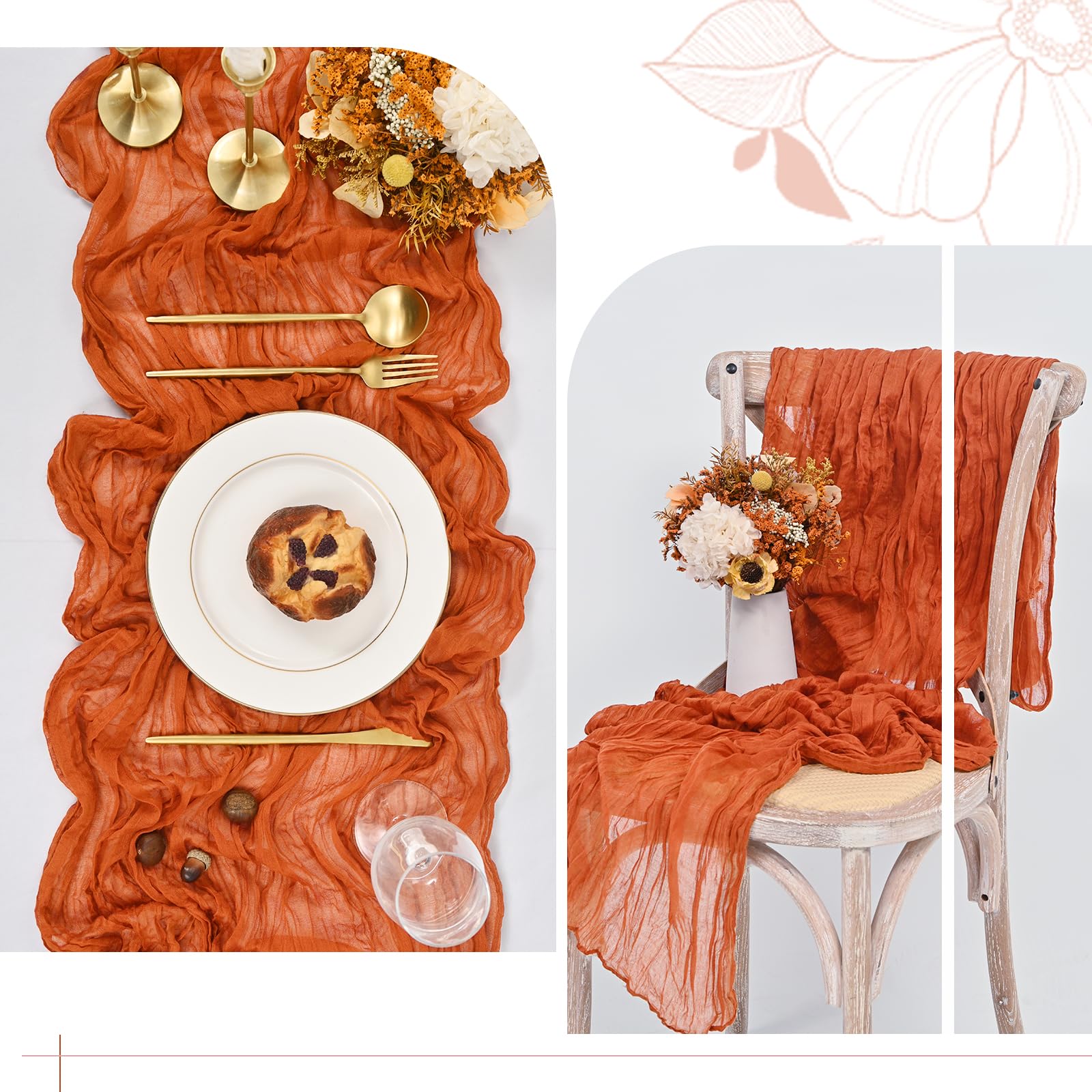 LOKUME 12 Pack 35x70 Inch Cheese Cloth Table Runners Terracotta Boho Rustic Wrinkled Gauze Fabric Table Runners Semi-Sheer Runners for Wedding Decor Bridal Shower Party Dinner Christmas