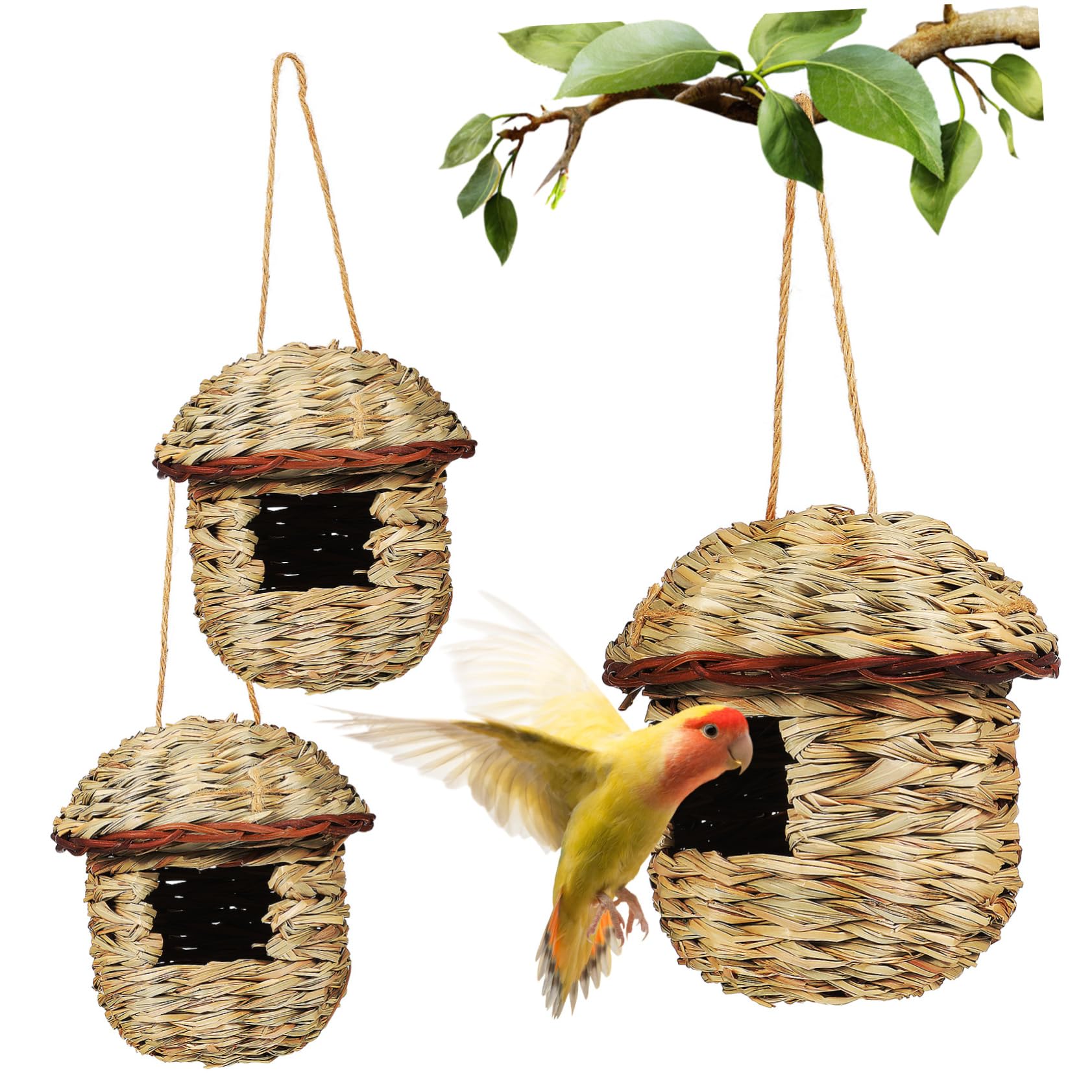 Casa Colgante de Paja para Pájaros, 3 Piezas, Casita