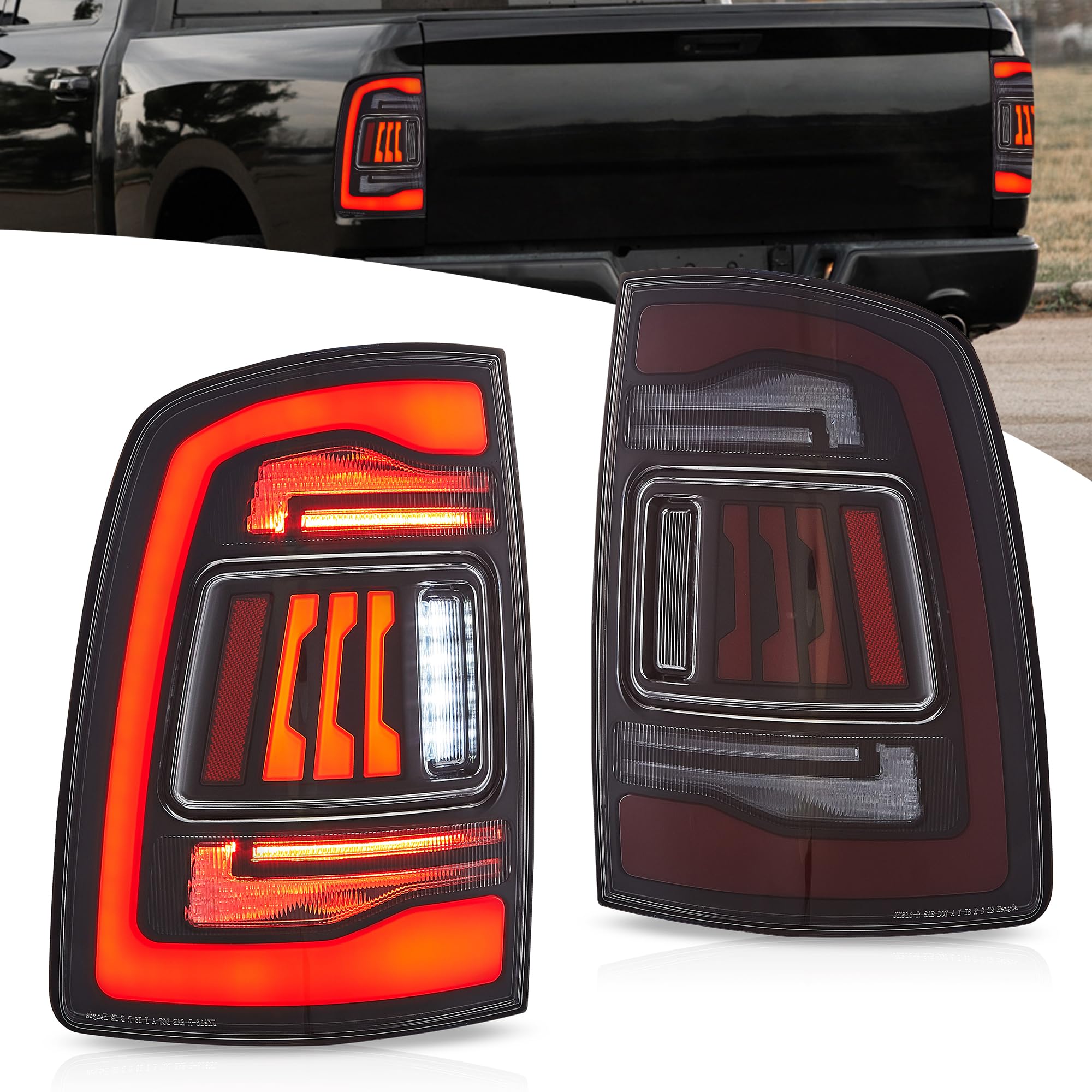 VLAND Feux Arrière LED pour 4e gen Ram 1500 2009-2018, Ram 2500/3500 2010-2018, Ram 1500 Classic 2019-2024, avec affichage dynamique, 1 paire (Lentille fumée + rouge)