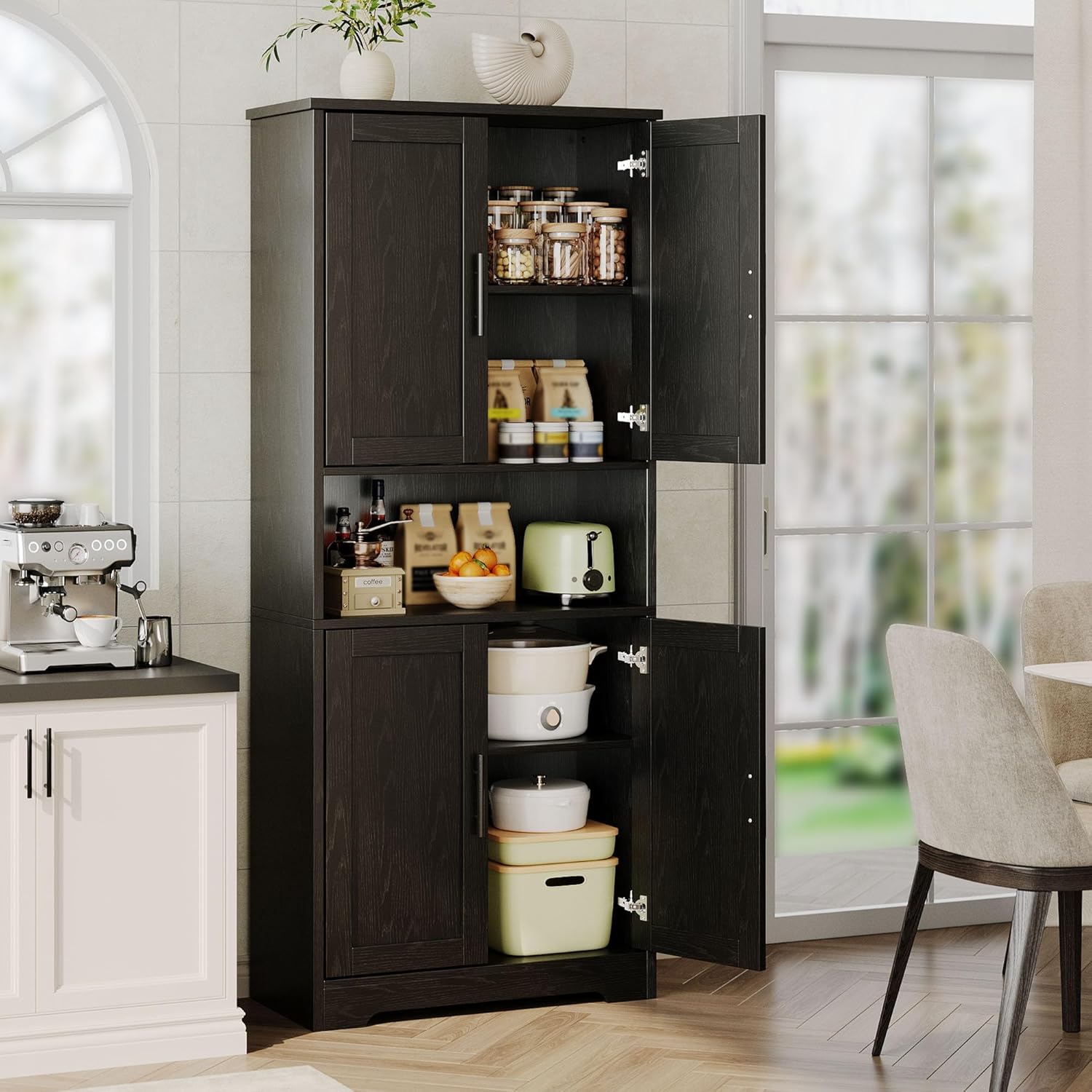 GAOMON 70" Tall Kitchen Pantry Cabinet with Doors & Adjustable Shelves, Freestanding Wooden Storage Cupboard for Living Room, Dining Room, or Bathroom(Black)