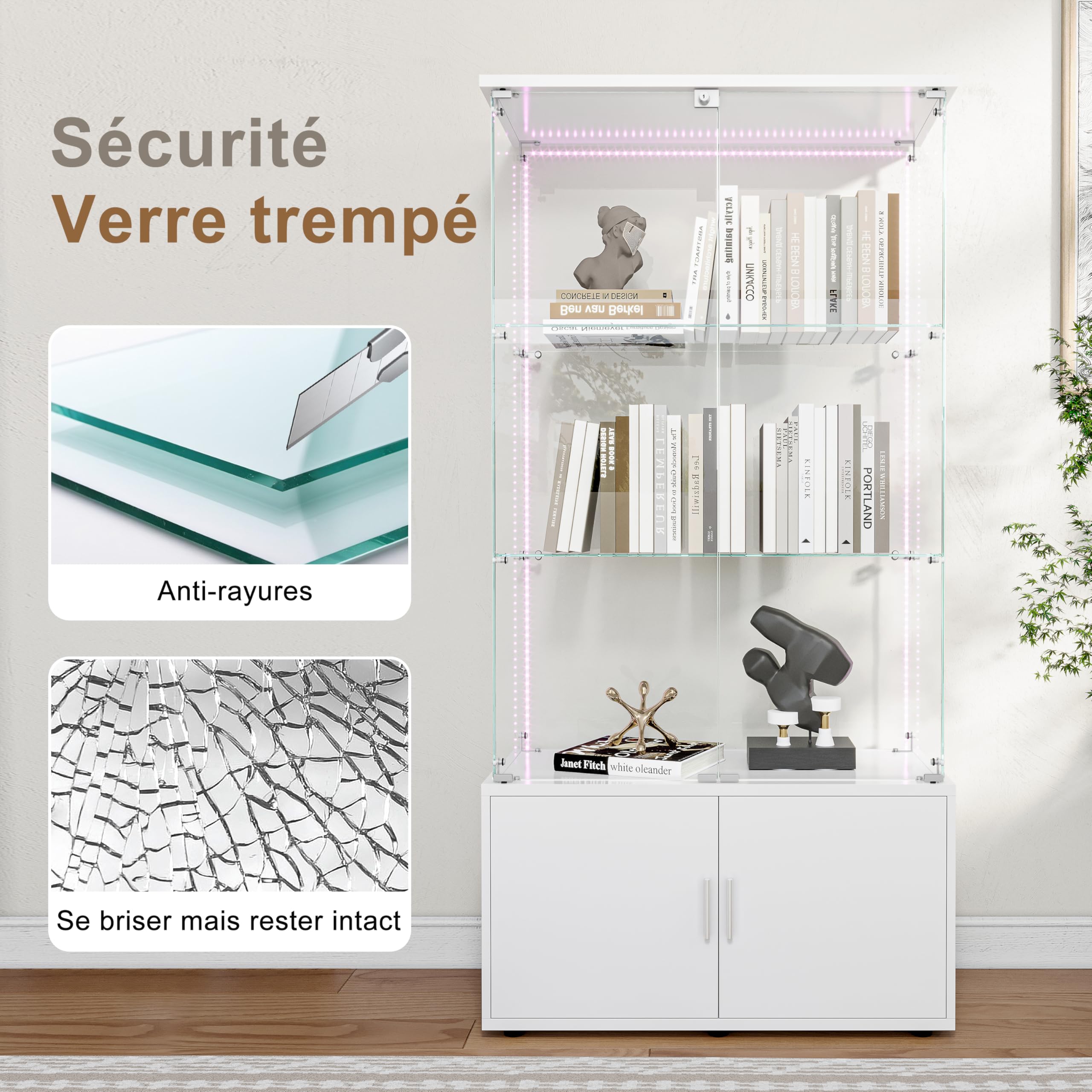 TIMORWTF - Vitrine Murale En Verre Avec LED - 4 Étages Réglables - 2 Portes - 163 Cm Noir - Pour Collection, Figurines, Livres - Salon, Chambre