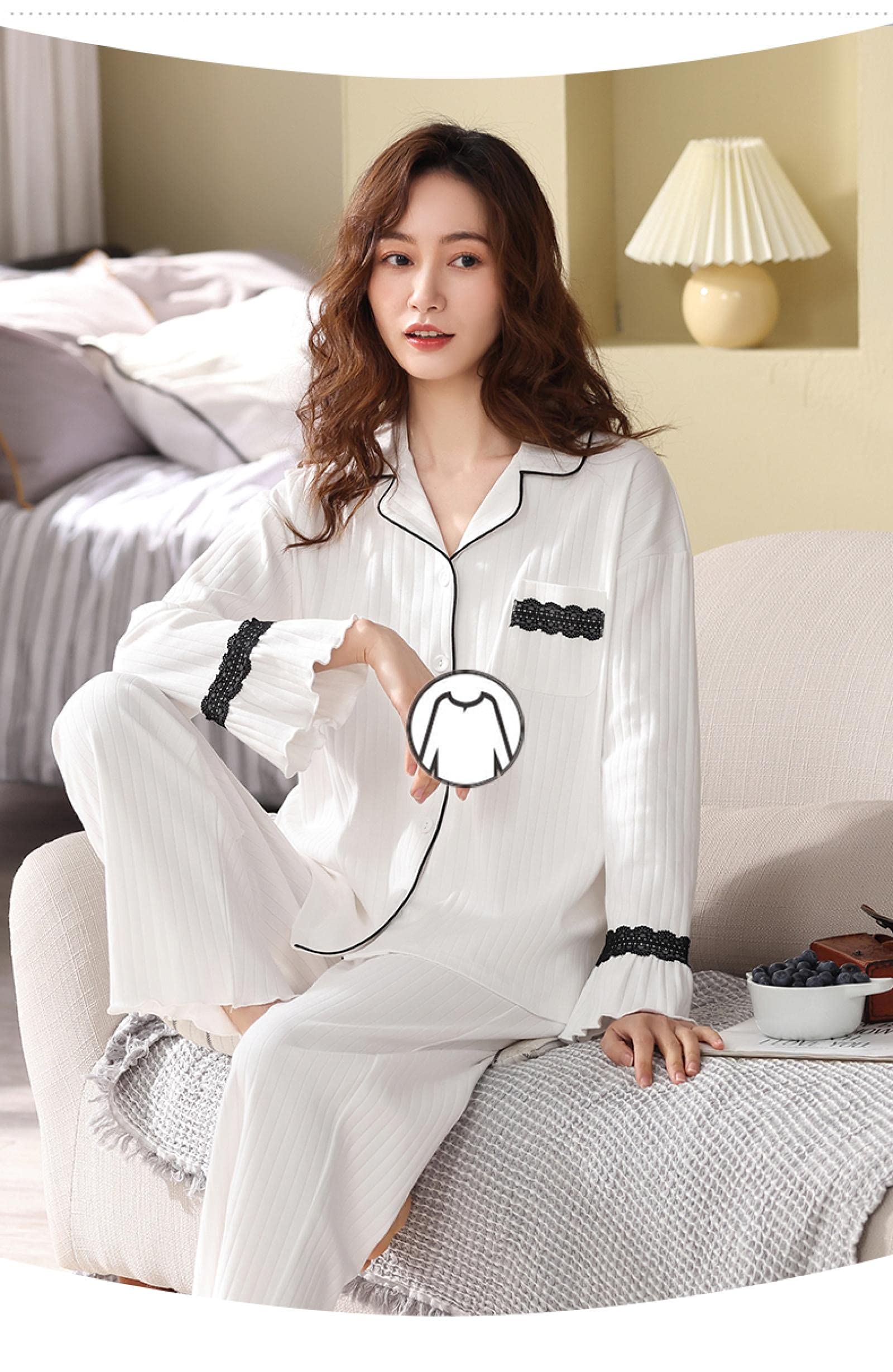 Un Pijama Cómodo Pijamas De Mujer Pijamas De Mujer Pijamas De Mujer Conjuntos De Pijamas De Algodón 100% 2 Piezas Pijamas Ropa De Dormir Femenina para El Hogar Casual,White-XXL