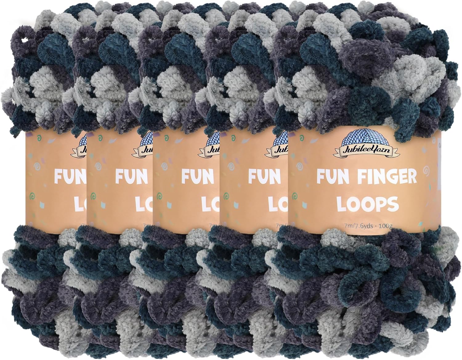 JubileeYarn Fun Finger Loops Yarn - 100g/Skein Jumbo Polyester - Multicolor Navy Grey - 5 Skeins