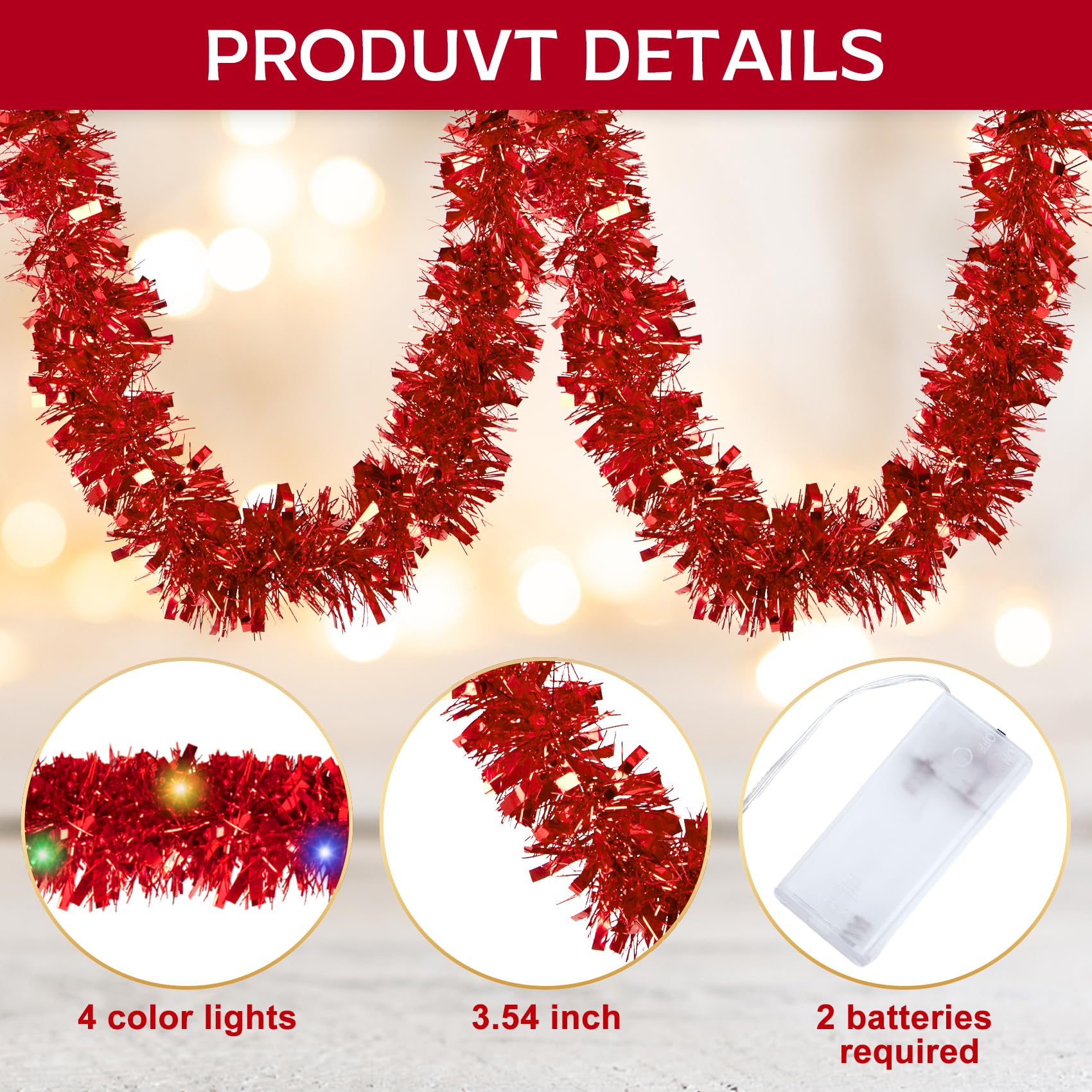 2 Pack Prelit Christmas Tinsel Garland with Lights, Total 39.4 Ft 120 Led Lighted Garland Christmas Tree Decorations Twist Hanging Foil Garland for Xmas Mantle Stairs New Year Party Home Decor, Red