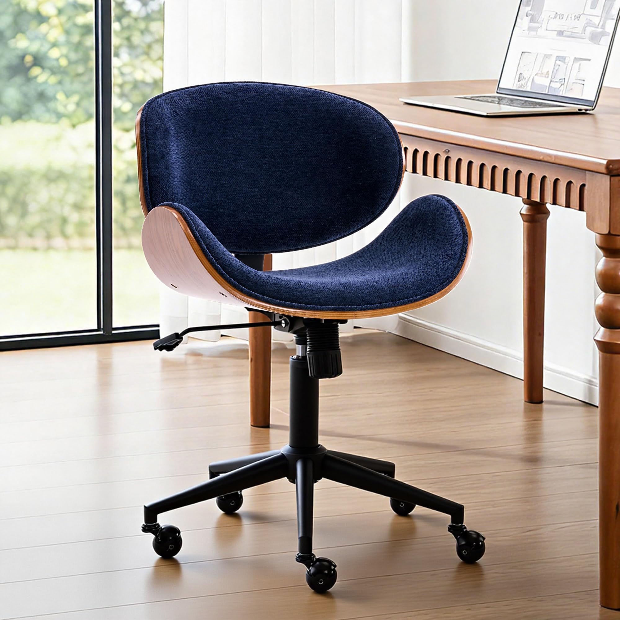 Rowill Home Office Chair with Rocking Function, Solid Wood Comfy Curved Desk Chair with Wheels, Height Adjustable Swivel Task Chairs, Chenille Blue, Modern Walnut Style