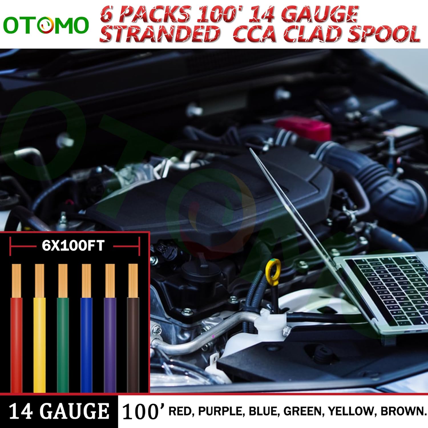 OTOMO 6 Rolls 100FT 14 Gauge CCA Automotive Primary Wire Single Conductor SAE J1128 Hook Up Electrical Wire Trailer Spool for Low Volts Towing Trailer RV Camper- Red/Blue/Green/Yellow/Brown/Black