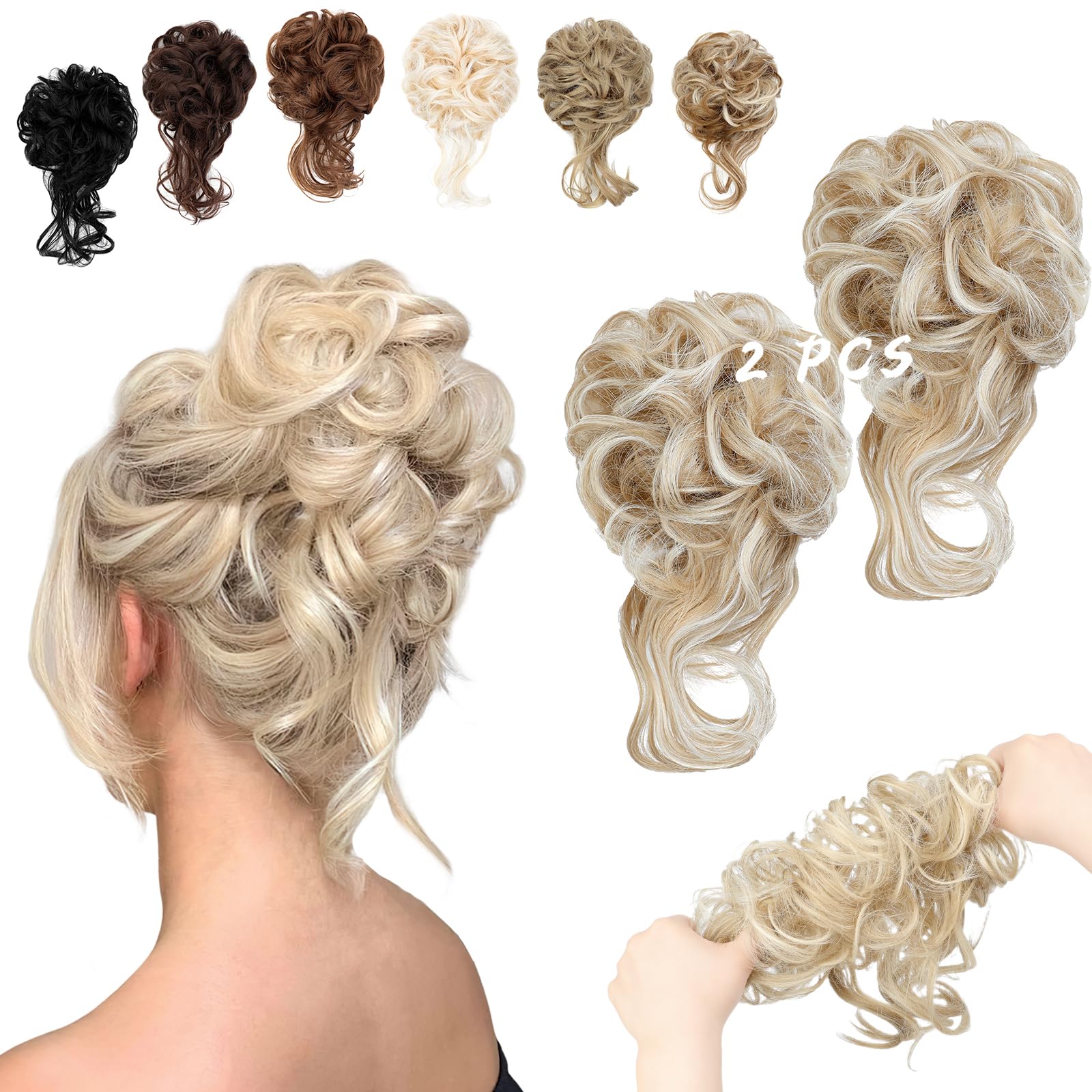 Photo 1 of FeidyLong 2PCS Messy Bun Hair Piece Tousled Updo with Tendrils Wavy Curly Hair Bun Scrunchies Ponytail Extension Elastic Band Hairpieces For Women (Ash blonde mix Bleach Blonde)