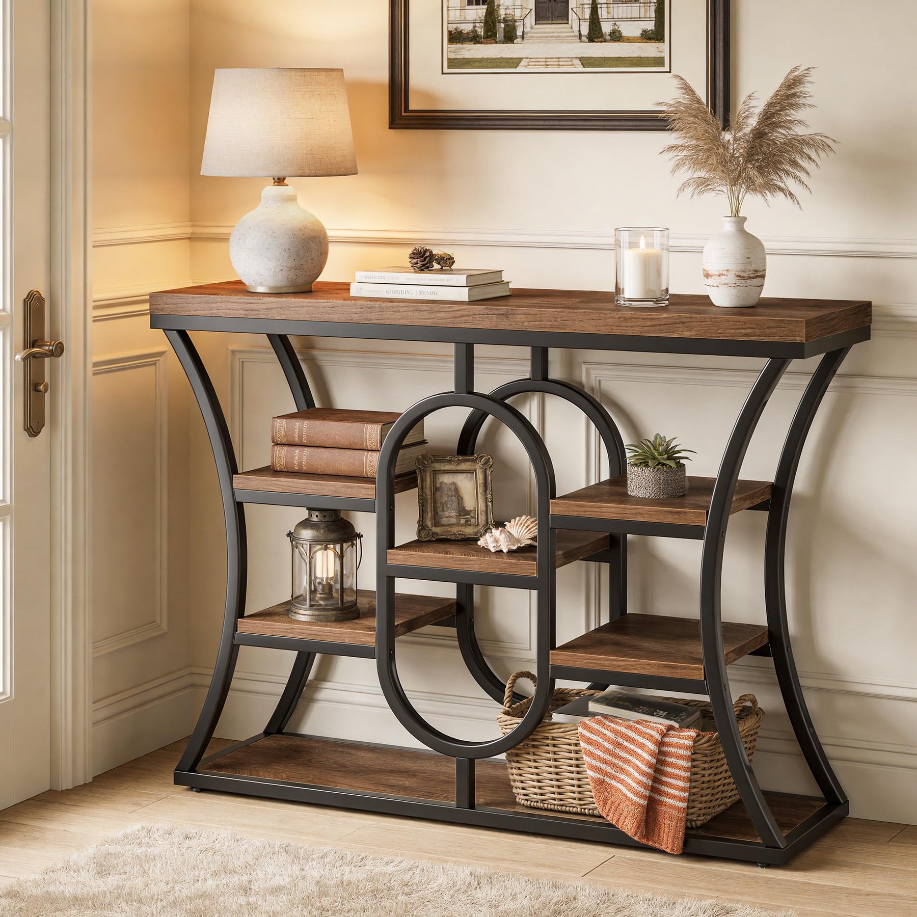 Tribesigns Tavolo Console Industriale 105 cm, 5 Ripiani Sfalsati, Tavolo da Divano con Struttura in Metallo e Scaffali Portaoggetti, Mobile Stretto per Ingresso, Corridoio, Soggiorno, Marrone Rustico