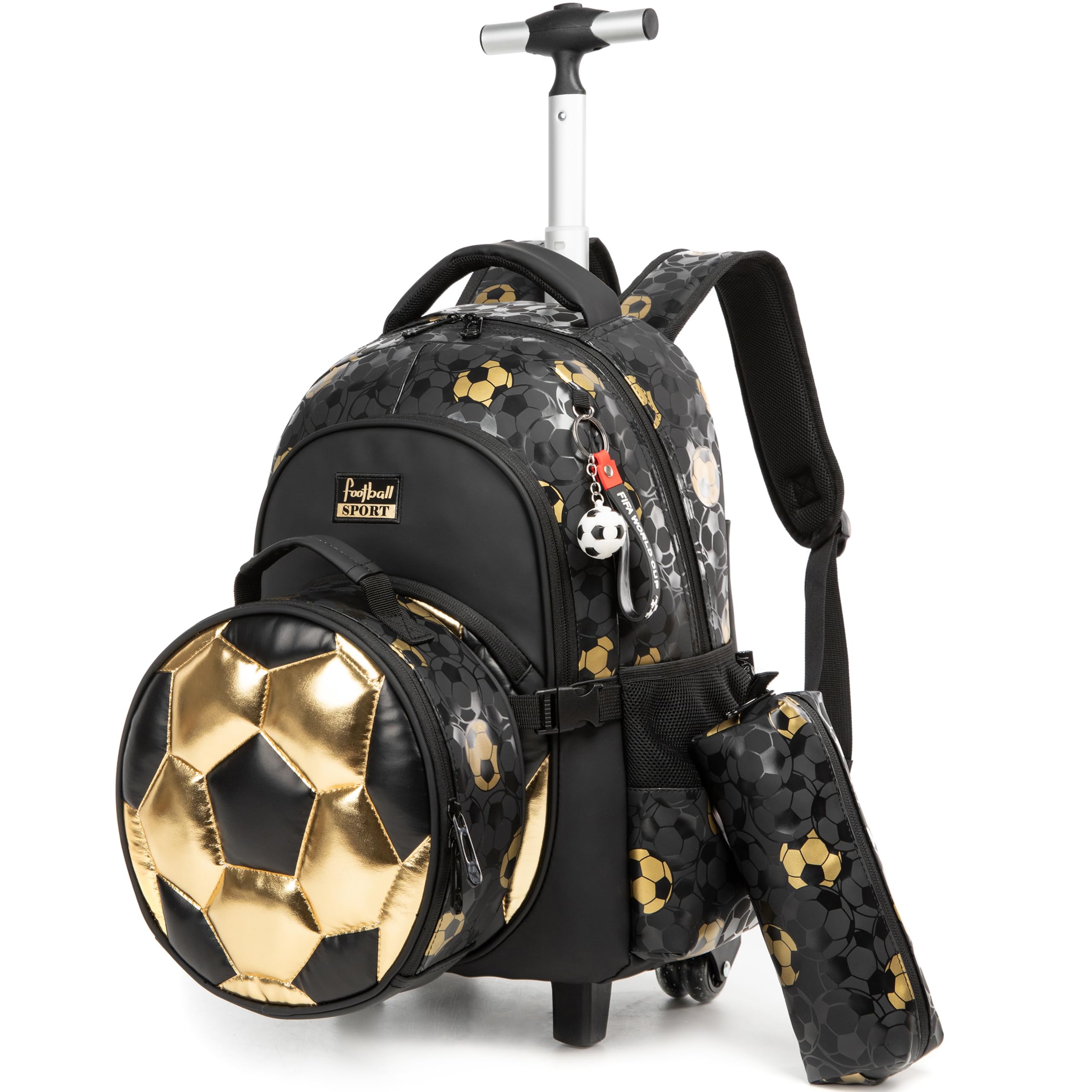 HTgroce fútbol Mochila Chico Escolar con Ruedas,Niños Trolley Escolar Estudiantes de Primaria Carros para Mochilas Bolsa de Almuerzo Estuche Escolares Equipaje de Viaje