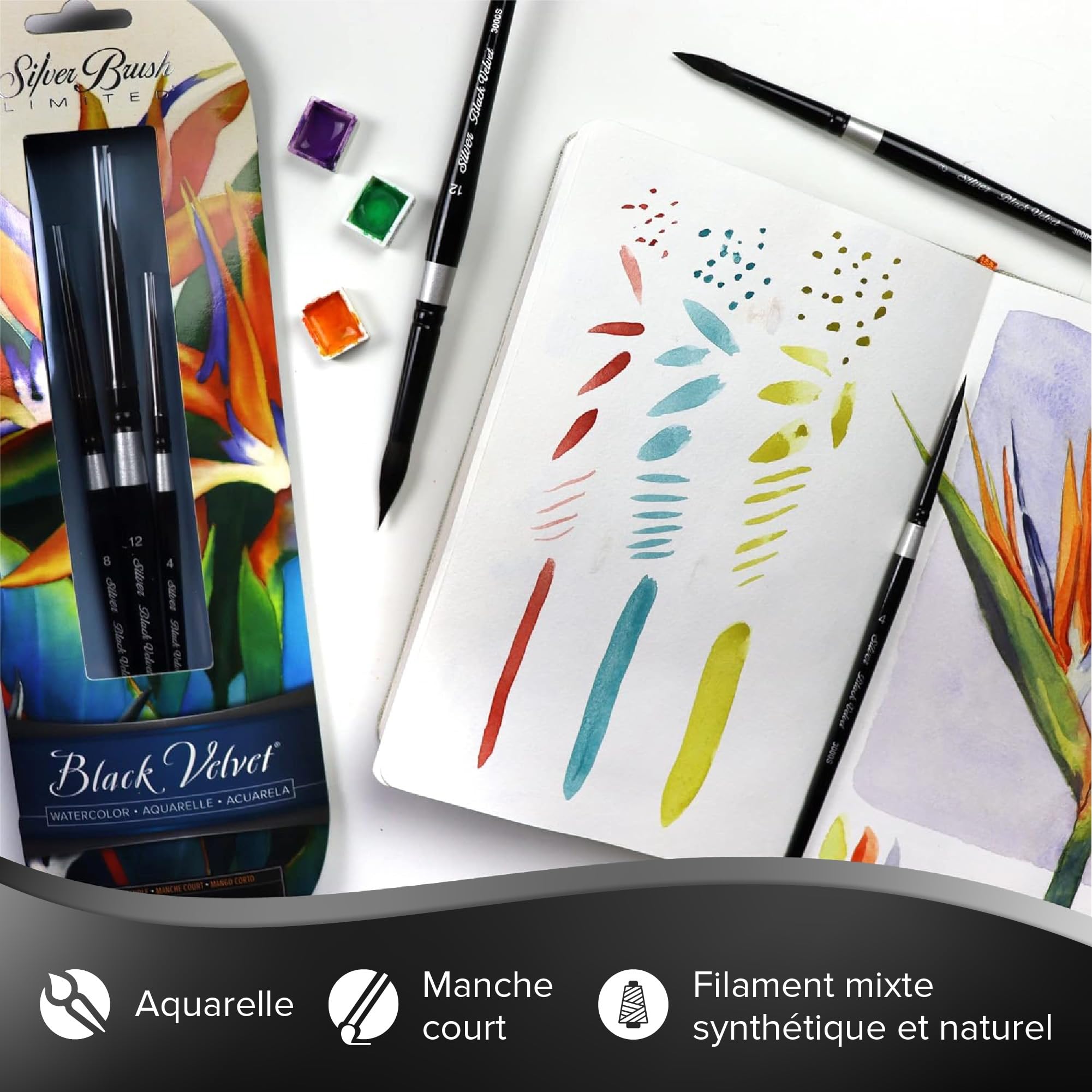Silver Brush Limited SLM 3099 Susan Louise Moyer Basic Lot de 3 pinceaux à Aquarelle Ronds en Velours Noir, Tailles 4, 8 et 12