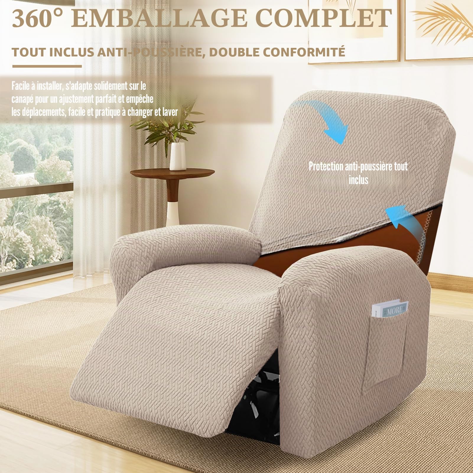 Lot de 4 Housses de Fauteuil de Relaxation 1 Place - Extensible - avec Poches - pour Fauteuil TV et Fauteuil de Relaxation - Antidérapante - Haute élasticité - avec Fond élastique