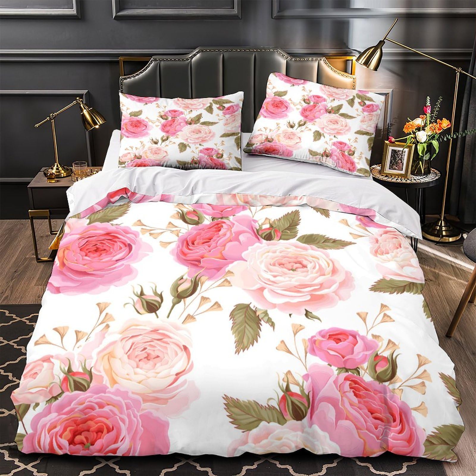 Housse de couette roses et lys double 200x200 parure de lit microfibre