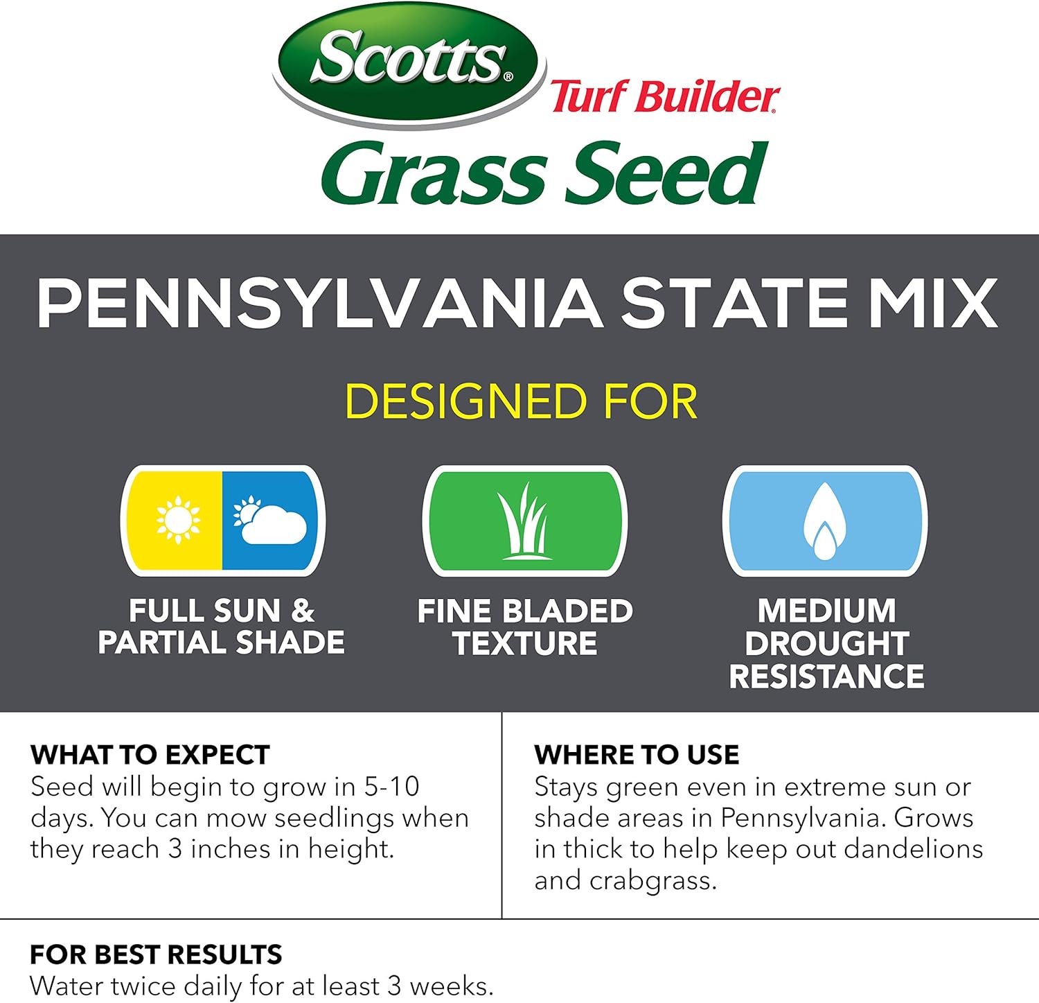 Scotts Turf Builder Grass Seed Pennsylvania State Mix, Crafted to Withstand Heat, Humidity, and Severe Winters, 3 lbs.