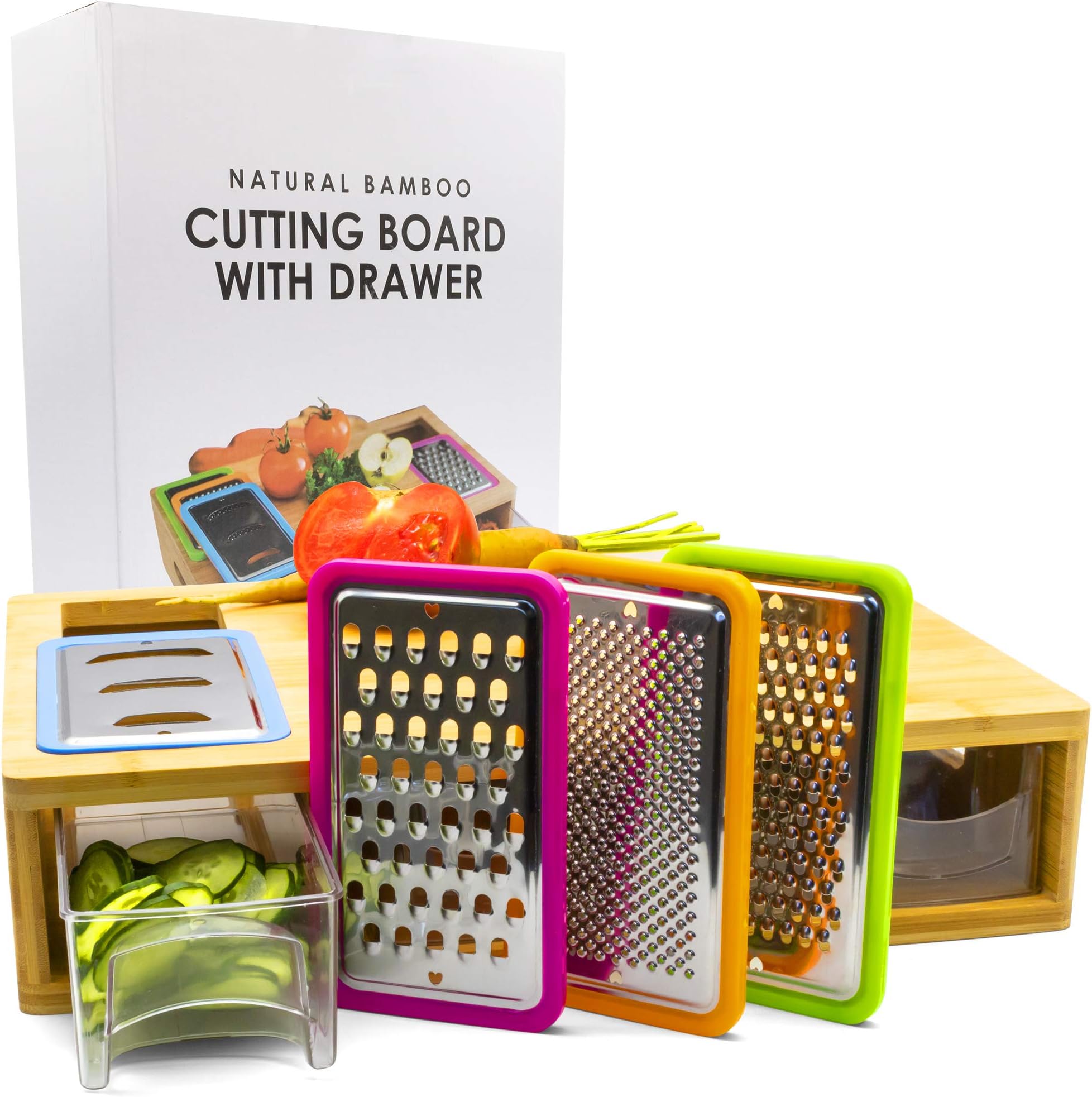 Bamboo Chopping Board with Containers by Thetford Design – Durable and Sturdy Design – Wooden Cutting Board with Sliding Drawers for Vegetables, Fruits and Meat - Large