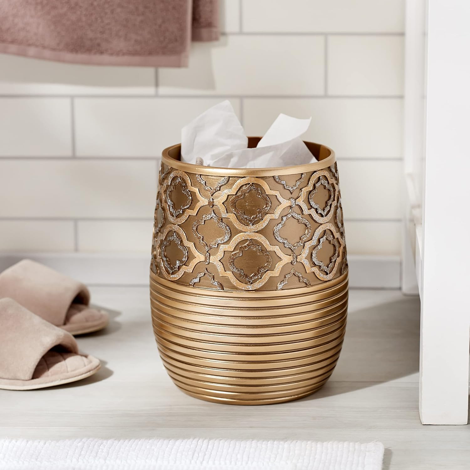 Popular Bath Waste Basket, Spindle Collection, Gold