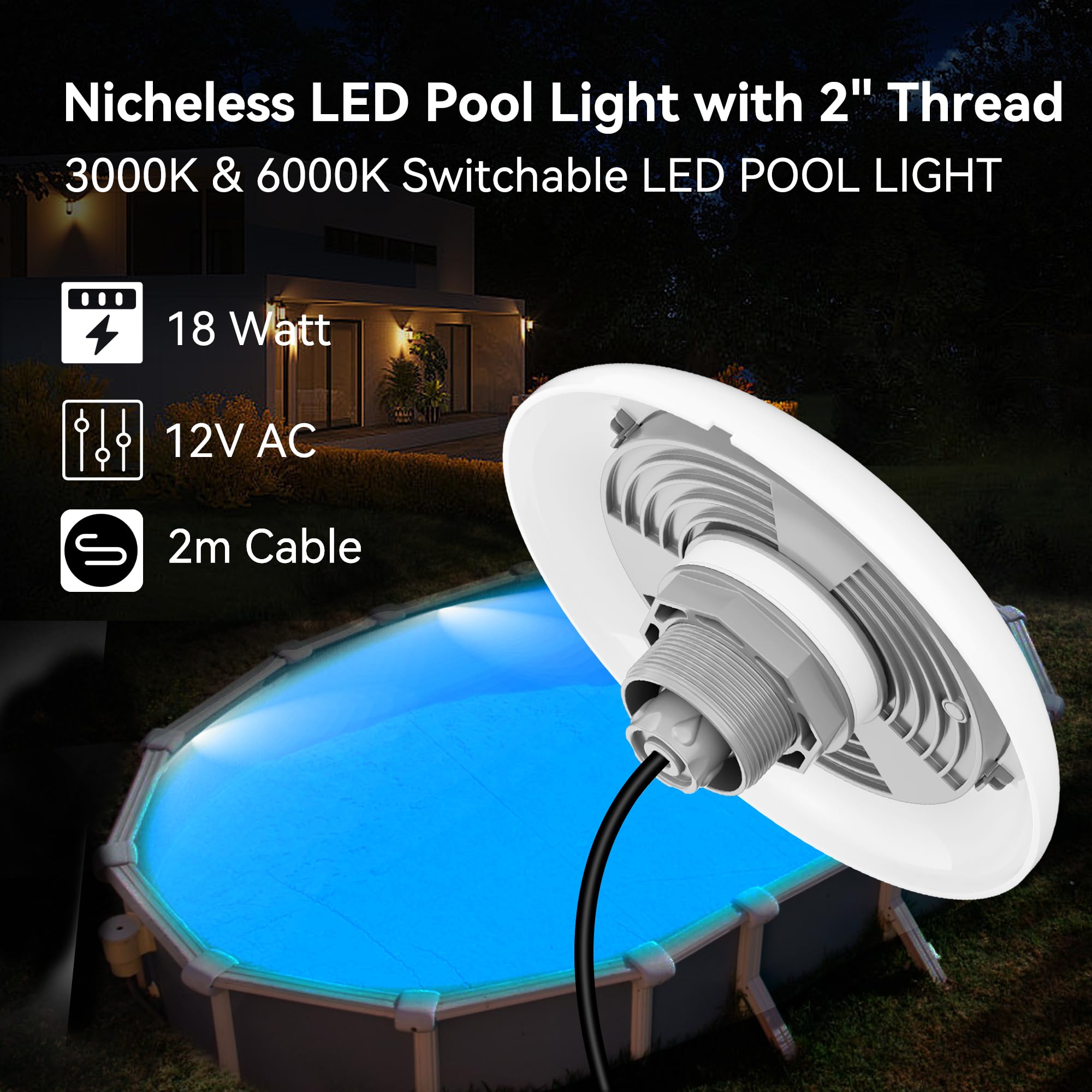 LyLmLe Proiettore Piscina LED con Filettatura Esterna 2", 18W Lampade Piscina 2 Colori Selezionabili Bianco 3000K & 6000K, Ø242mm, 12V AC Luce Sommergibile per Piscinas Fuori Terra Acciaio