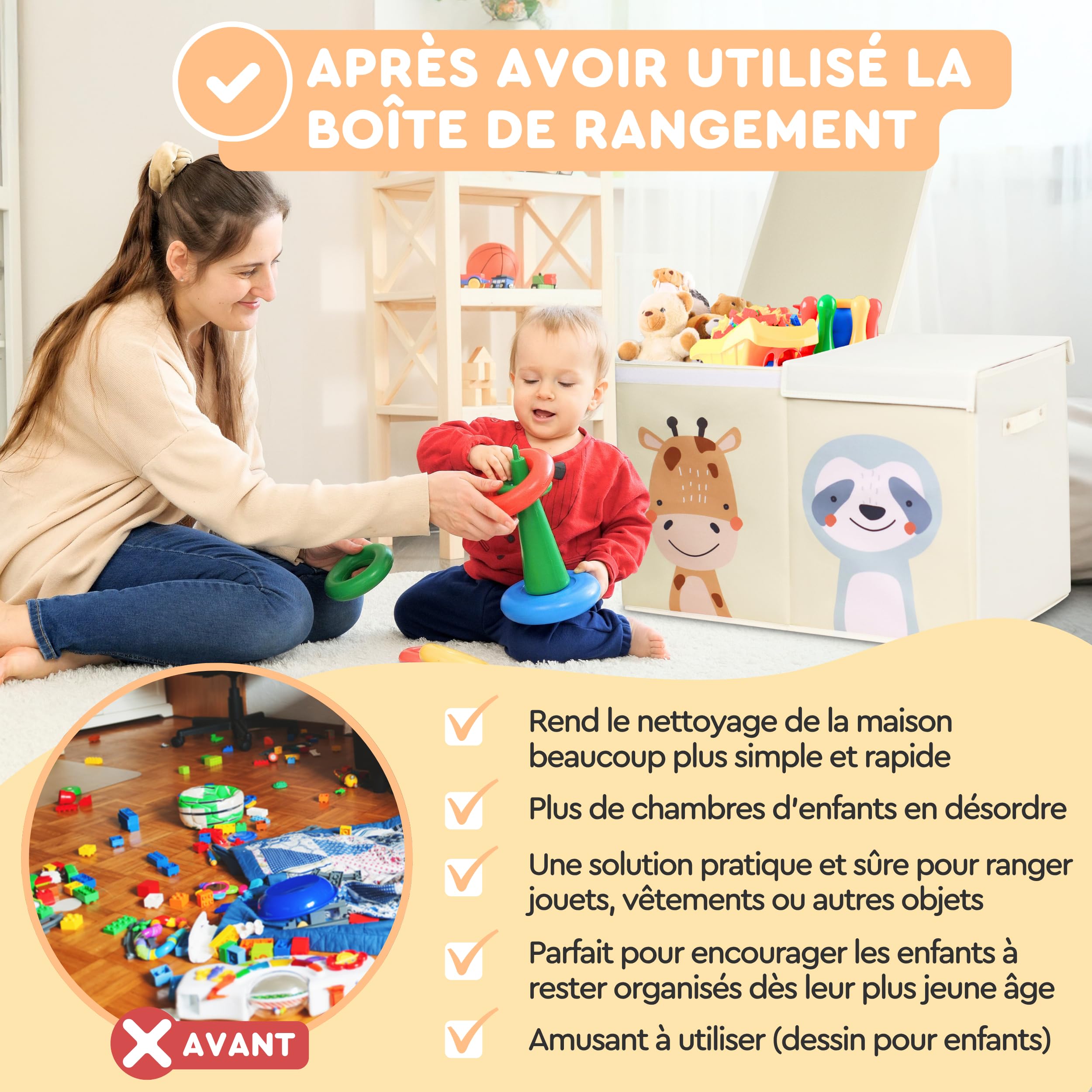 Boîte de Rangement pour Jouets pour Enfant Pliable Beige, 78 Litres et Double Couvercle. Coffre de Rangement Enfant en Tissu Oxford. Grand Coffre, Bac ou Caisse. Ne Convient pas pour S’asseoir