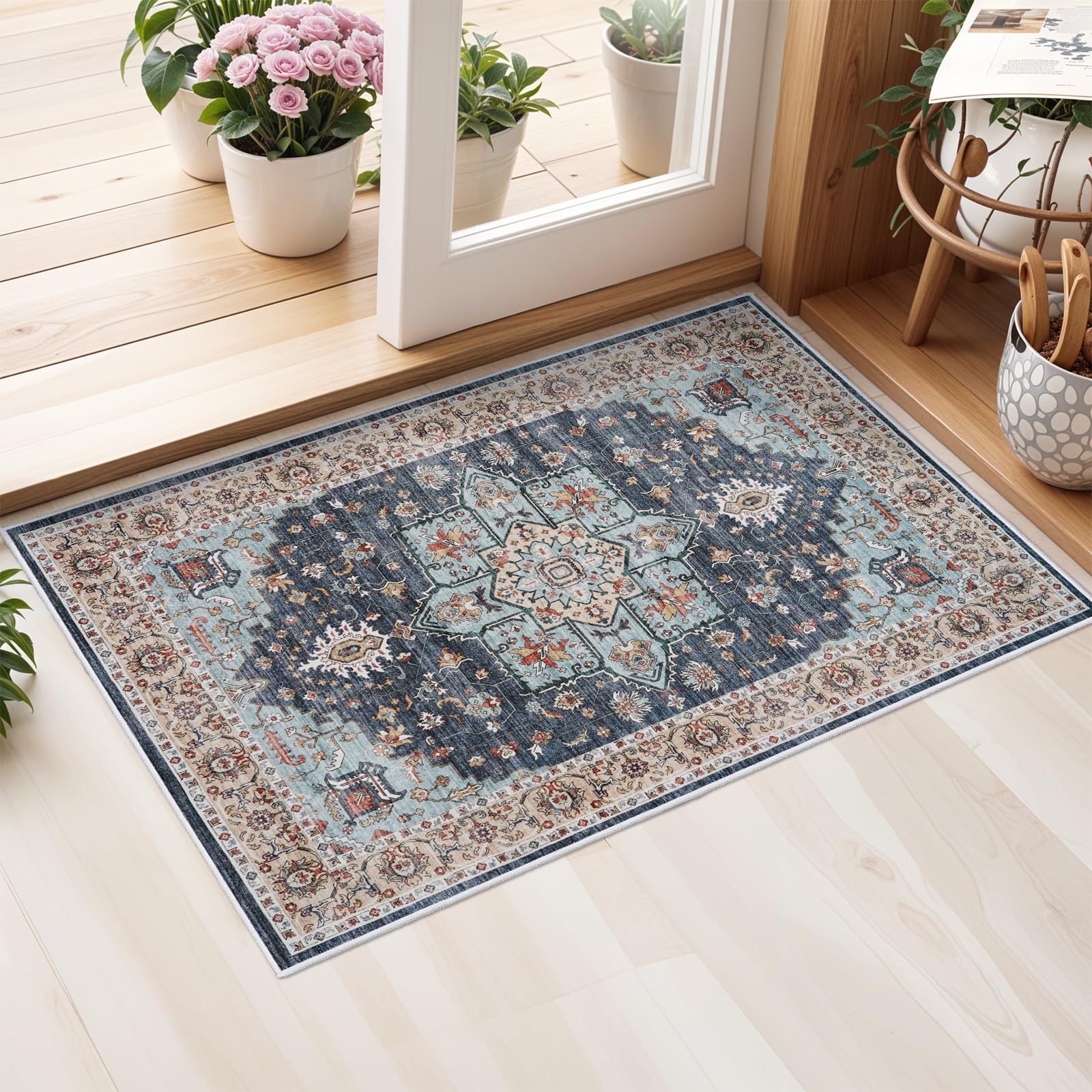Washable Oriental Area Rug - 2x3 Rugs for Living Room Soft Carpet for Bedroom Waterproof Floral Distressed Indoor Stain Resistant Non-Shedding Floor
