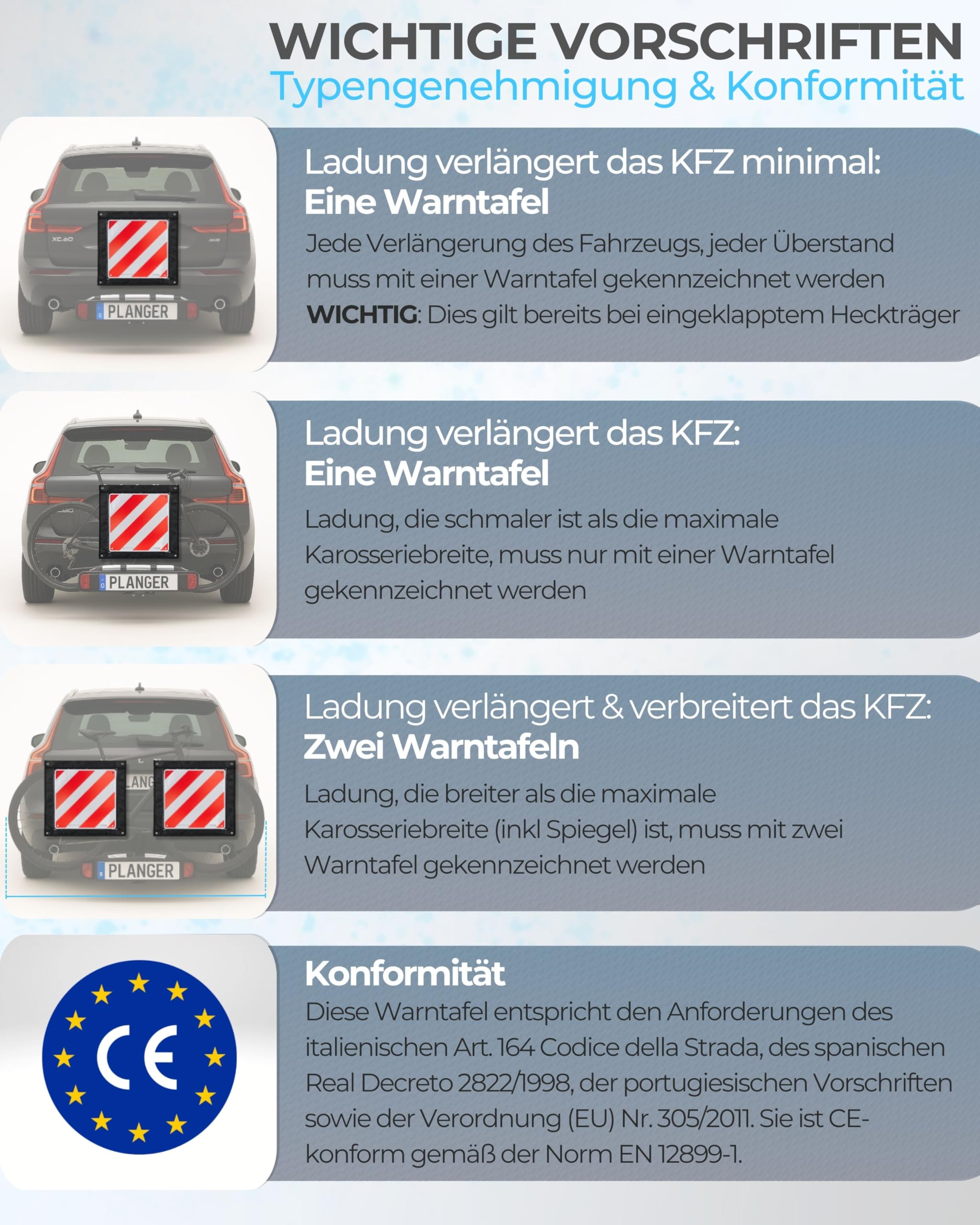 PLANGER® - Znak ostrzegawczy we Włoszech i Hiszpanii 2 w 1 (50 x 50 cm) – odblaskowy znak ostrzegawczy czerwono-biały na bagażniki tylne i bagażniki na rowery