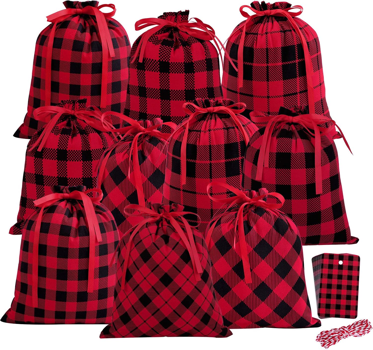 Aneco 10 Pieces Mini Buffalo Plaid Bags 11.8 by 9.8 Inches Drawstring Bag Sack Present Xmas Cotton Christmas Bags Party Stocking Storage with 20 Pieces Tags