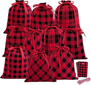 Aneco 10 Pieces Small Buffalo Plaid Bags 11.8 x 9.8 Inches Drawstring Bag Sack Present Xmas Cotton Christmas Bags Party Stocking Storage with 20 Pieces Tags