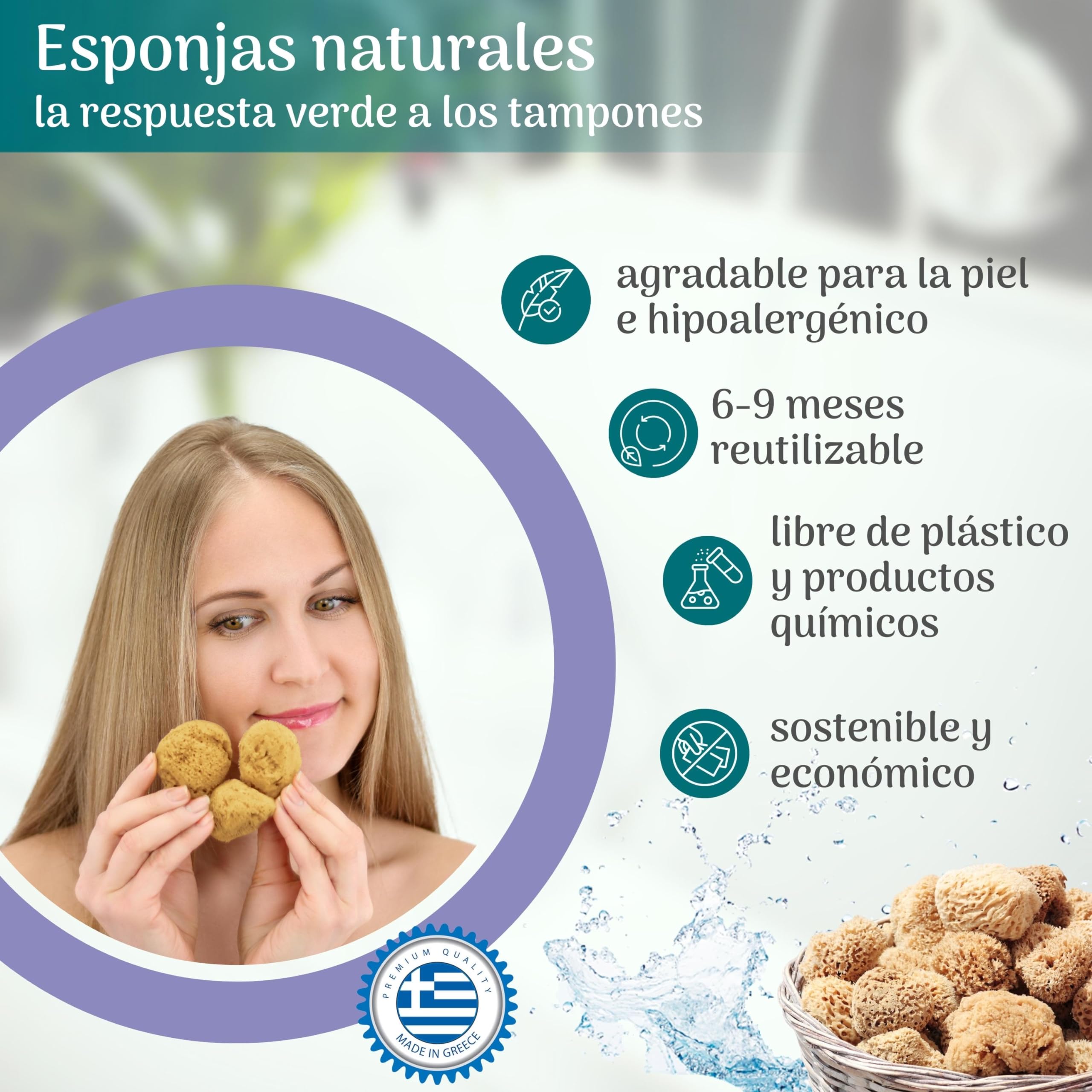 tom&pat® Esponja menstrual natural • alternativa a tampones • lavable y reutilizable • Dermatest excelente • caja hermética de viaje • calidad mediterránea Grecia (Talla S / 5 x 3-5 cm)