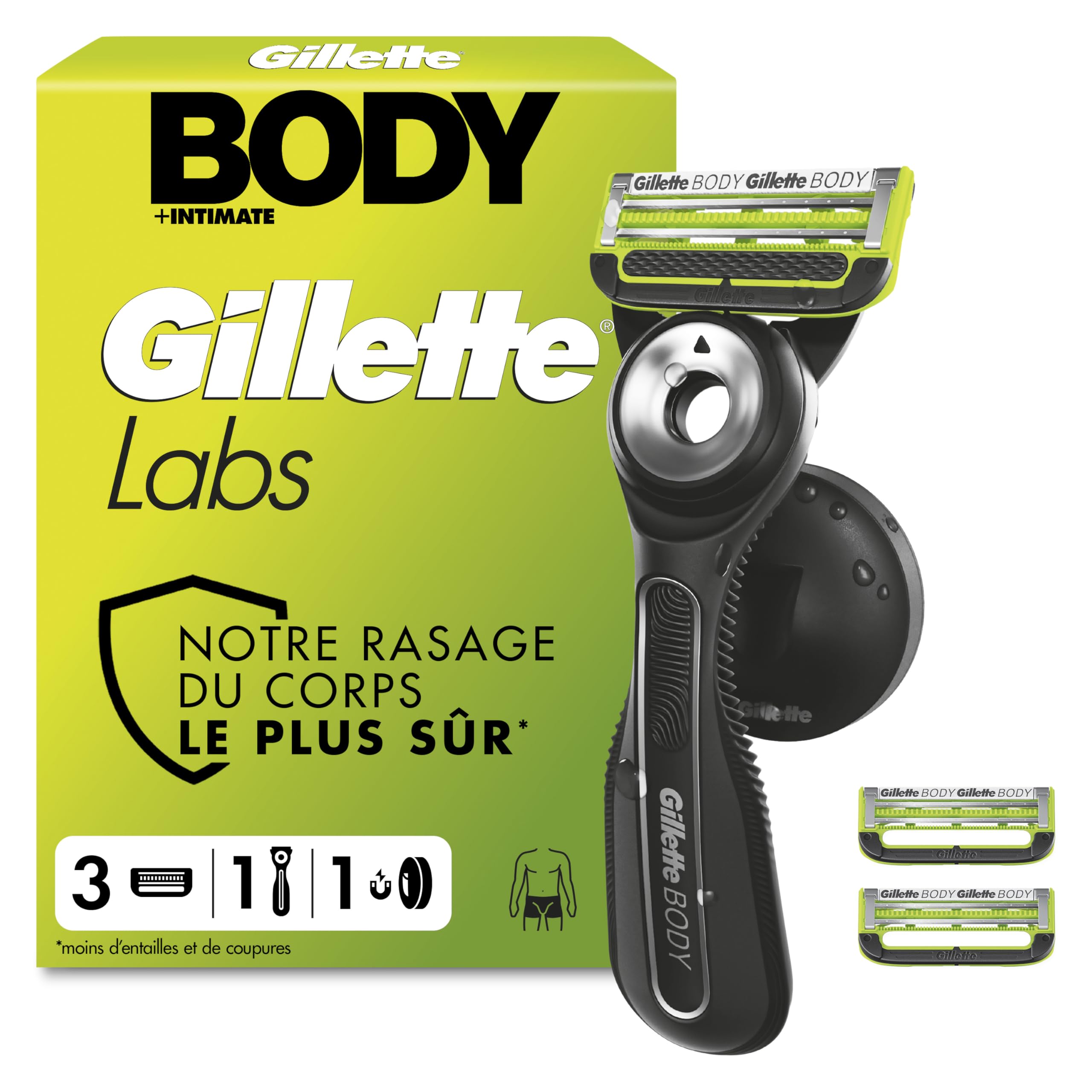 Gillette Labs Body + Intimate Rasoir Intime Homme, 3 Cartouches, Noir – Conçu pour le Rasage du Corps et du Pubis, Lames avec une Barre Anti-Poils Incarnés et Irritation, Manche Facile à Gripper