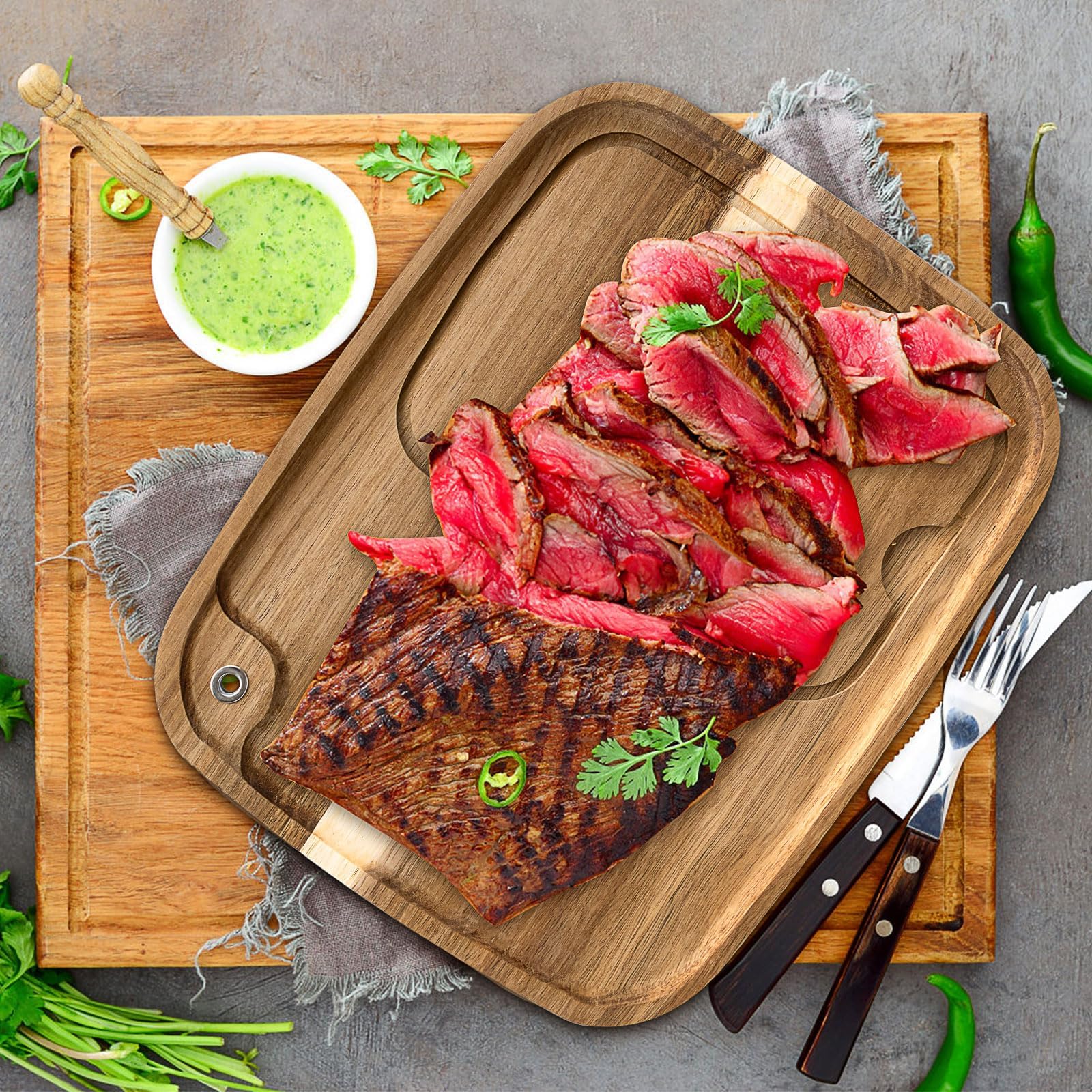 6er Set Akazienholz Steak Bretter, Holz Steak Servierbrett mit Saftk | Küche Schneidebrett Steakteller Servierplatte Holzbrett Brett für Fleisch Grill Brot Dessert Burger Pizza Sushi, 33 x 28 cm