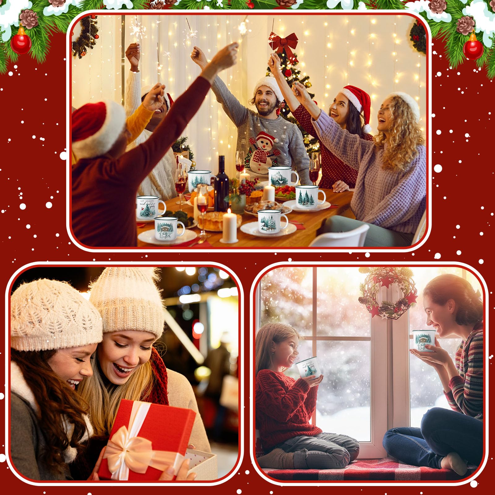 Pickmesh Juego de 6 tazas de café de cerámica de Navidad de 14 onzas, tazas de Navidad con asa, tazas de Navidad esmaltadas para invierno, regalo de Navidad, suministros de fiesta de Navidad