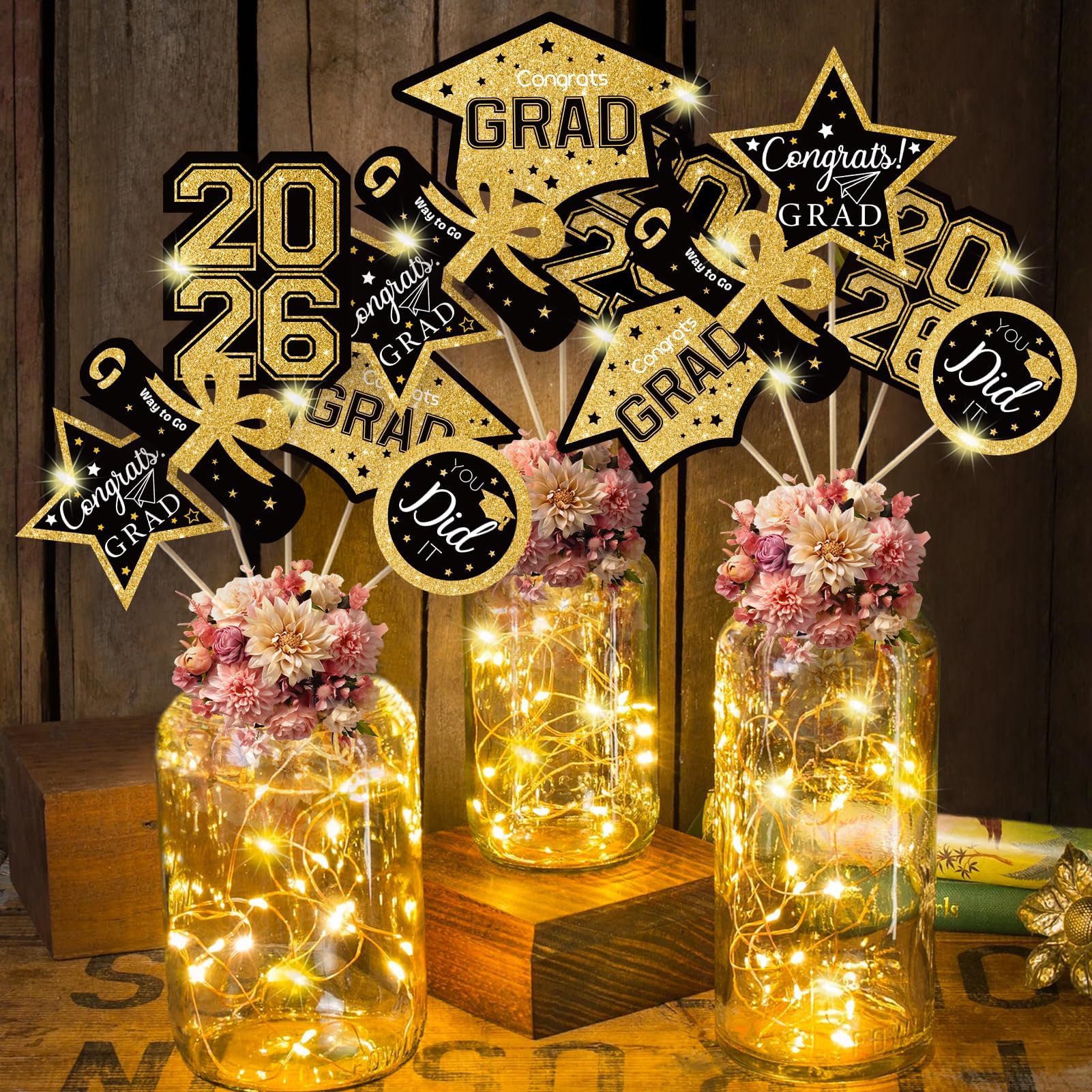OuMuaMua Graduation Decorations Class of 2026-30pcs Black and Gold Graduation Table Centerpieces Sticks Table Toppers with Lights for College High