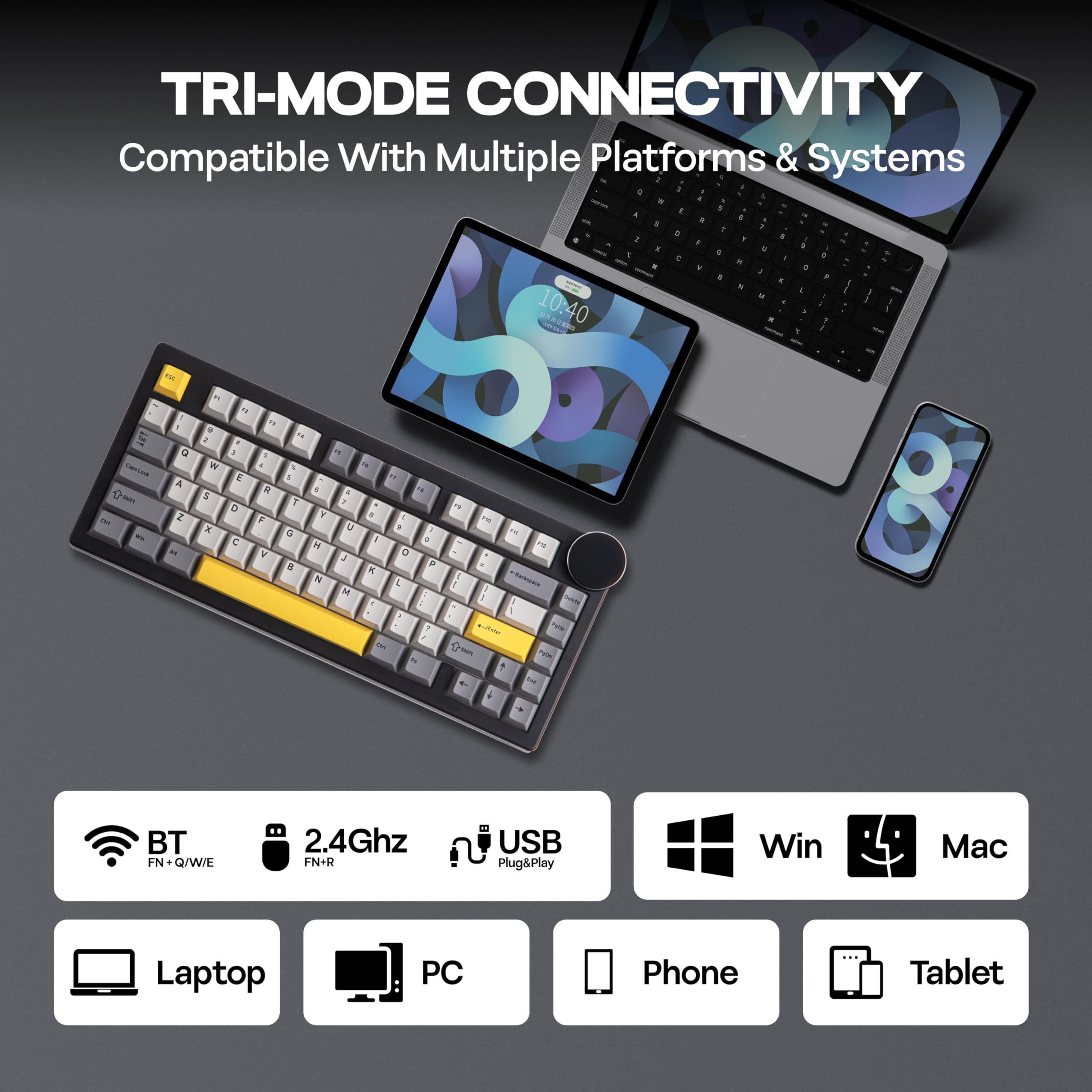 MechLands AJAZZ AK820V2 Tastiera da gioco wireless 75% con schermo TFT da 0,91" e manopola, tastiera meccanica cremosa con batteria da 10000 mAh, hot swap, RGB per Windows/Mac (nero grigio)