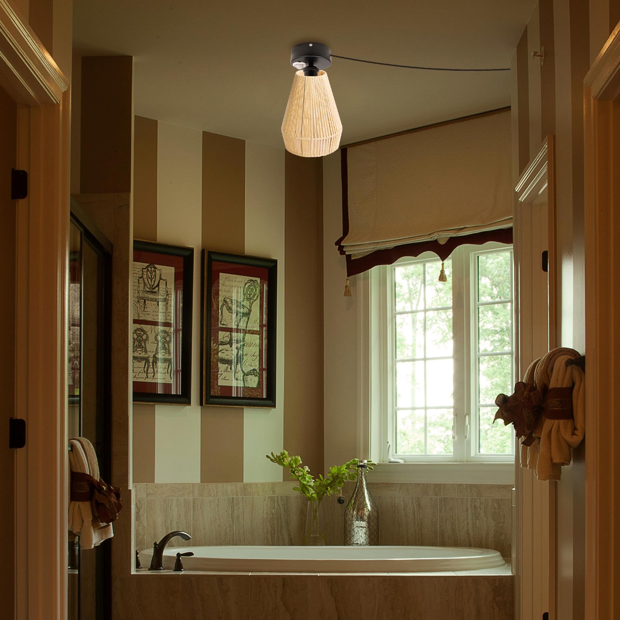 Lampada da soffitto con sensore di movimento interno, giallo boho stile rattan, lampada da soffitto radar, sensore di movimento con cavo da 4,5 m e portalampada E27, per corridoio, bagno,