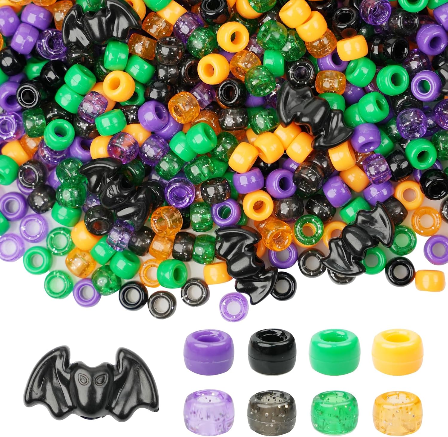 1200pcs Halloween Pony Beads Bulk, 45pcs Black Bat Beads, Black Purple Orange Green 6x9mm Plastic Kandi Beads for Friendship Bracelets, Hair Braids, Jewelry Making and DIY Halloween Party Crafts