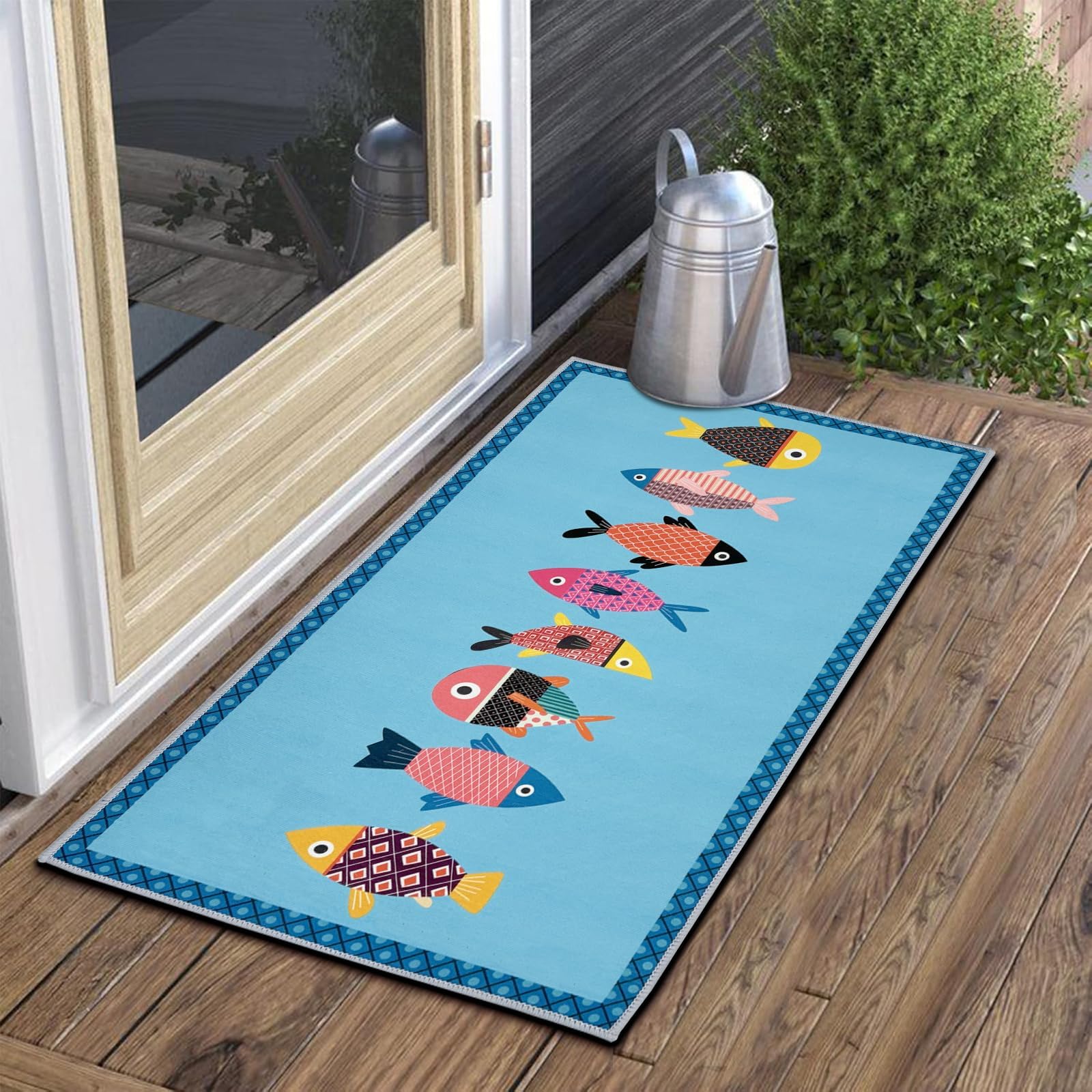 Welcome Entrance Doormat Inside Outside Small Fish Door Mat Ocean Fish Beach Doormat Indoor Outdoor Non-Slip Mat for Patio Aesthetic Welcome Rug Front Back Door Blue Washable Entryway Mat