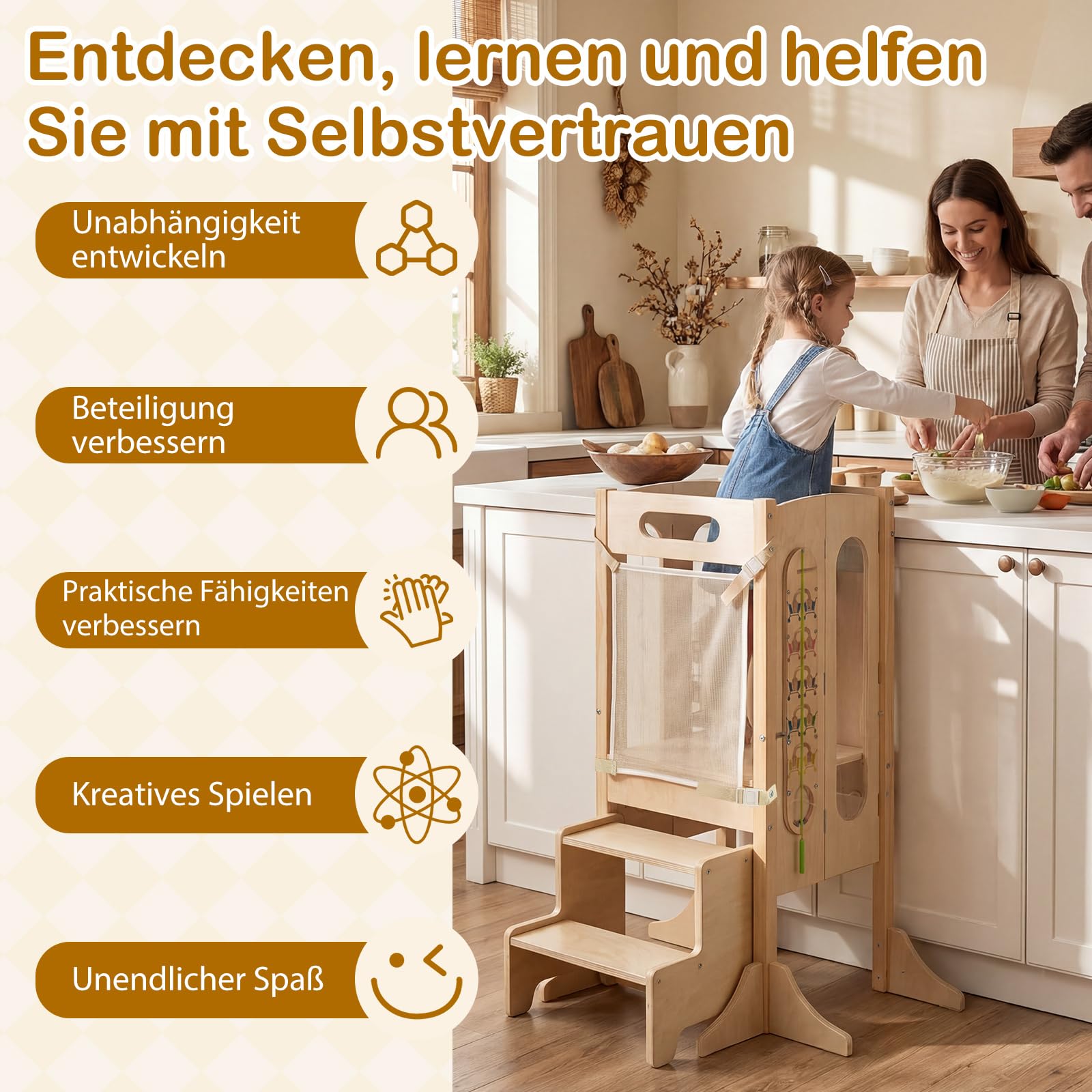 COSTWAY 4 in 1 Lernturm klappbar, Tritthocker aus Holz mit 2-Stufen Hocker, Tafel & abnehmbarem Sicherheitsnetz, Learning Tower Montessori, Tritthschemel für Kinder ab 3 Jahren, Natur